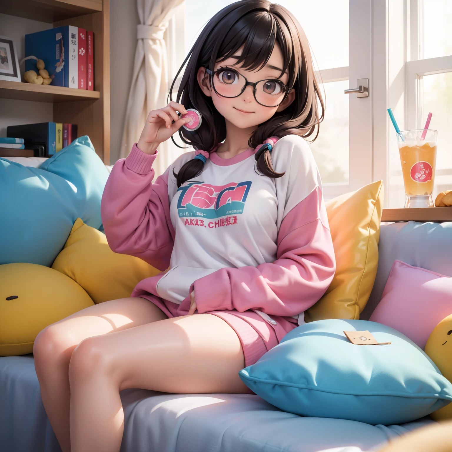 ((Japanese)) ((28)) ((Full and cozy body)) ((Big )) ((Comfortable legs in loose sweatshirt)) ((Friendly face, with cute glasses and a welcoming smile)) ((Short and colorful hair, reflecting your personality)) ((Expressive, bright eyes)) ((Wearing loose, comfortable clothing, such as an oversized t-shirt and sweatpants)) ((Cozy atmosphere of a messy room with lots of pillows and stuffed animals)) ((The sound of a video game being played and a podcast in the background)) ((A NEET fat Japanese girl, relaxing in her comfort zone)) ((The delicious aroma of chips and soda in the air))