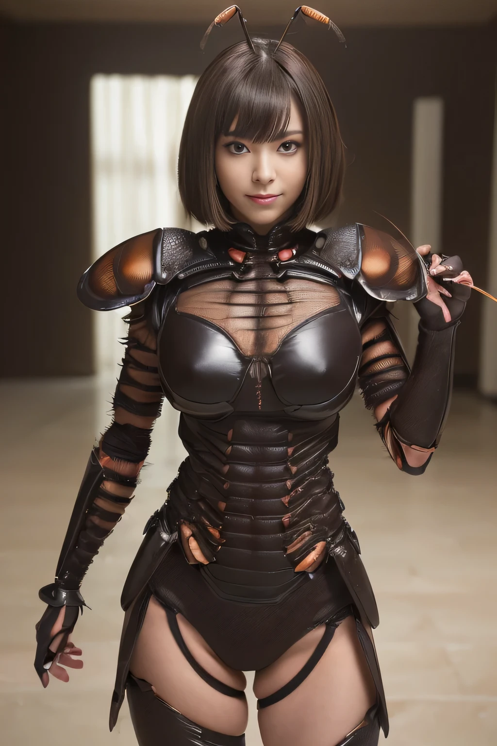 (high resolution,masterpiece,best quality,extremely detailed CG, anime, official art:1.4), realistic, photo, amazing fine details, all intricate, gloss and shiny,awesome many layers, 8k wall paper, 3d, sketch, kawaii, illustration,( solo:1.4), perfect female proportion,villainess, (fusion of dark brown cockroach and lady:1.4), (brown cockroach form lady:1.2), (brown cockroach lady:1.2), (fusion:1.2), (solo:1.4), (evil smile:1.2), muscular, abs, (cockroach brown exoskeleton bio insect suit:1.4), (cockroach brown exoskeleton bio insect armor:1.2), (brown transparency cockroach wing:1.4), (brown cockroach antennae:1.3),