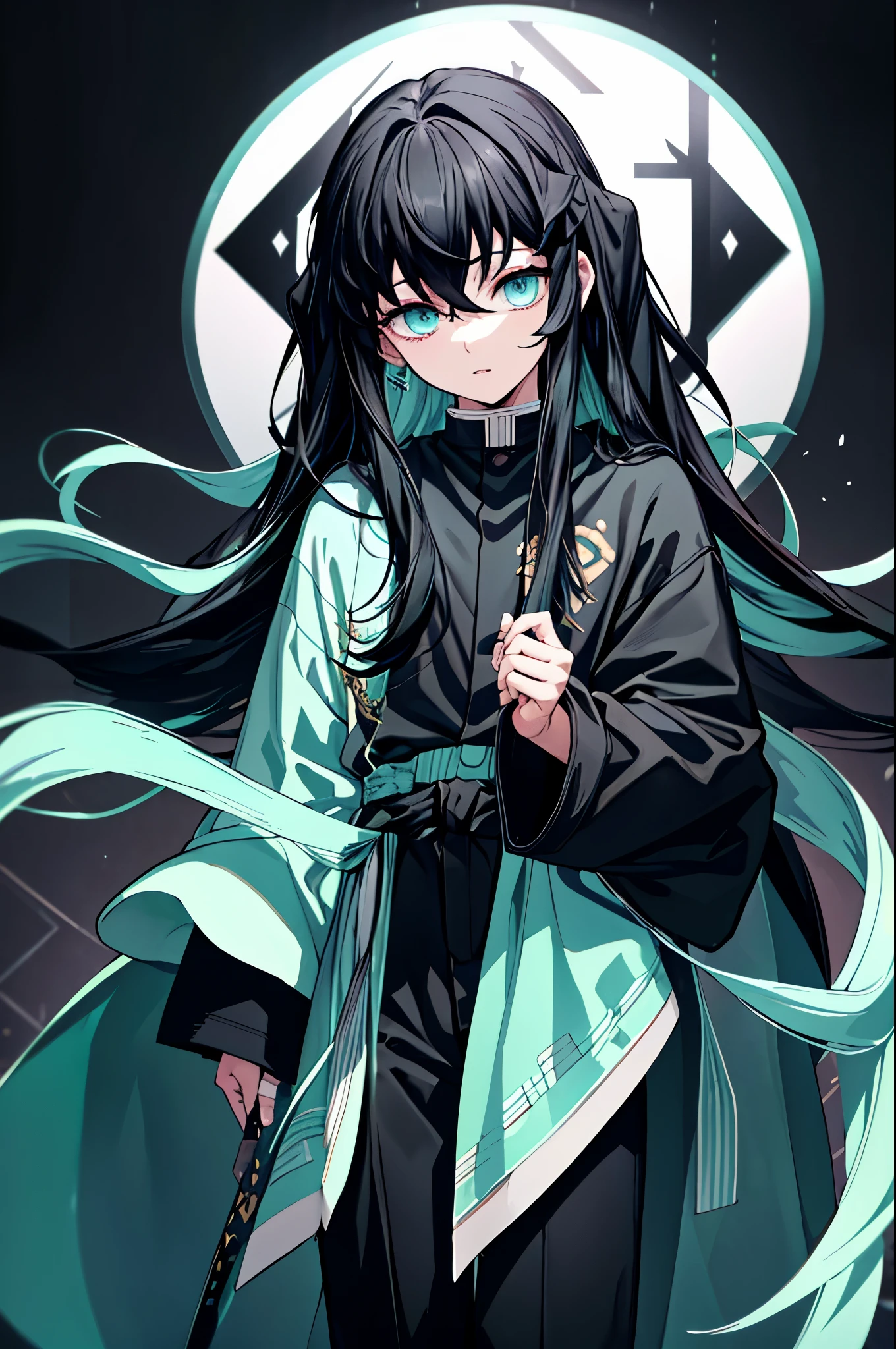 highest quality、highest quality、Super detailed、perfect face、very detailed、perfect human body、very delicate and detailed、1 boy、long black hair、hair is down to the waist、The ends of the hair are mint green、light blue eyes、Wearing a big black hoodie、black pants、night、detailed background