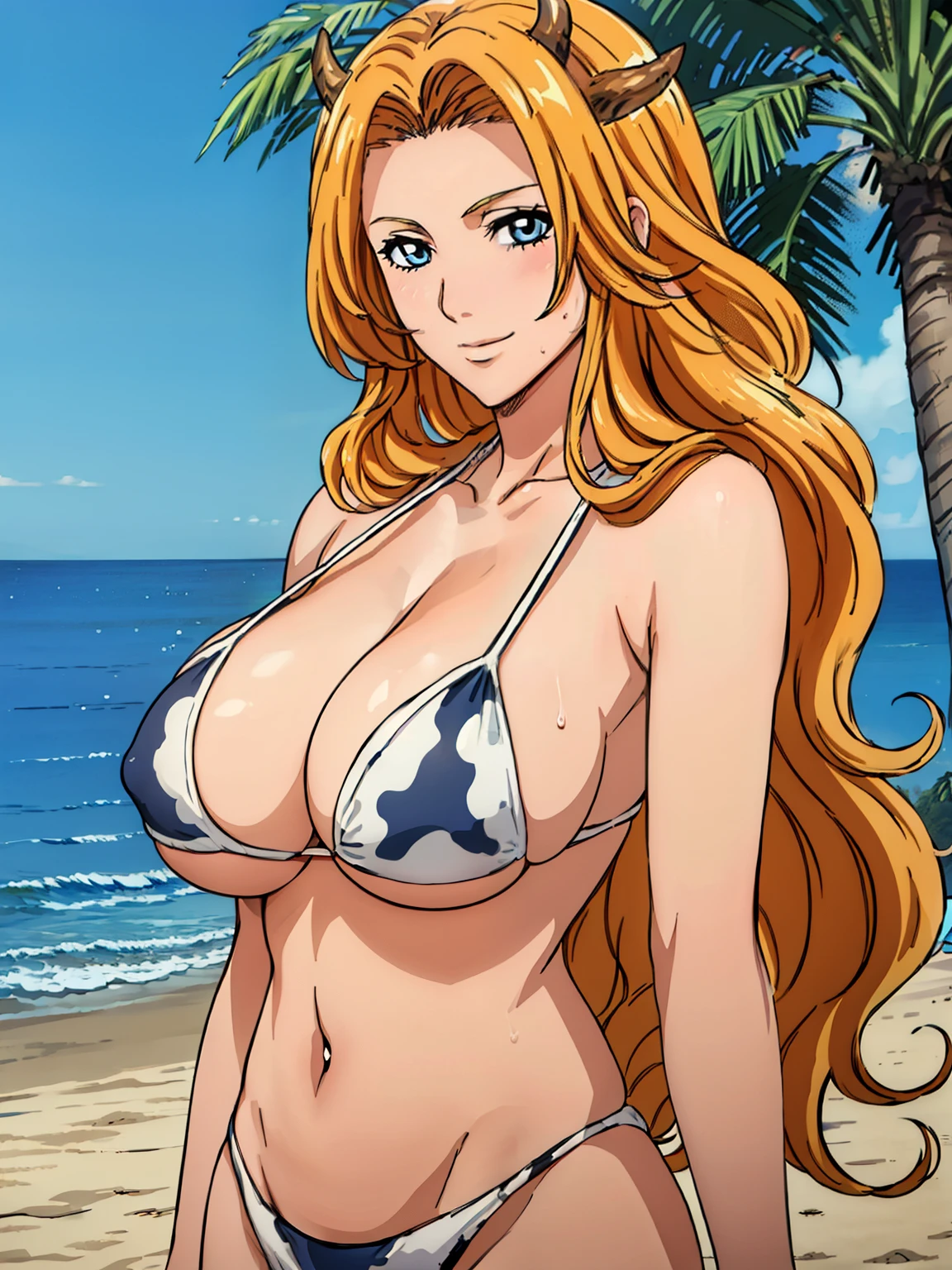 very tempting pose, sexy pose, standing, cow skin pattern bikini), cow ear on her head, cow horn( on her head, at beach, (beach background), mature women, takeda hiromitsu style, anime cels style, best quality, high resolution, (huge breasts:1.3), cowboy shot, (potrait body), blush, smiling, blue eyes, Blonde hair, bangs,Long_hair, 1 girl, looking at viewer