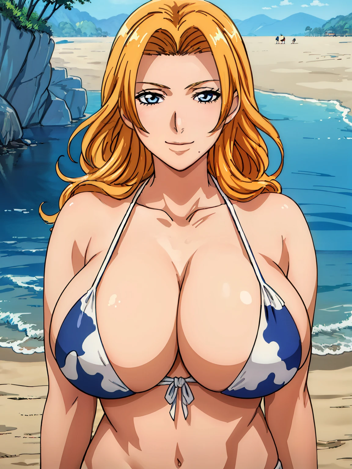 very tempting pose, sexy pose, standing, cow skin pattern bikini), cow ear on her head, cow horn( on her head, at beach, (beach background), mature women, takeda hiromitsu style, anime cels style, best quality, high resolution, (huge breasts:1.3), cowboy shot, (potrait body), blush, smiling, blue eyes, Blonde hair, bangs,Long_hair, 1 girl, looking at viewer