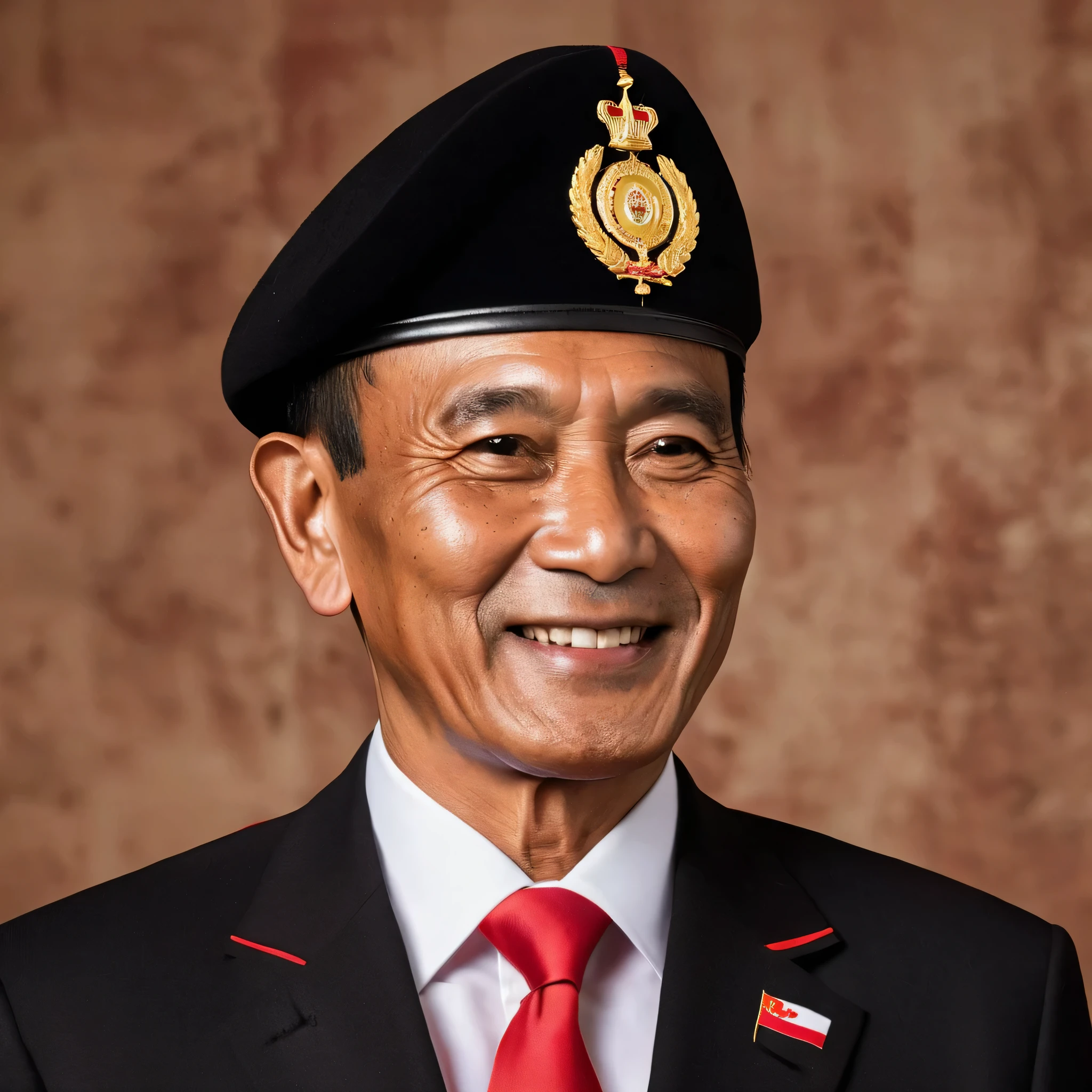 Pictures of a man's body with an Indonesian face, wearing a black suit, white shirt, and red tie, and a black Koplok cap. There is a medal or pin on the left side of the chest. The background of the image displays the brown color and red and white flag on the back left, the man pose in a formal and sturdy way, a little thin smile, a picture like a photo of the country's leader.