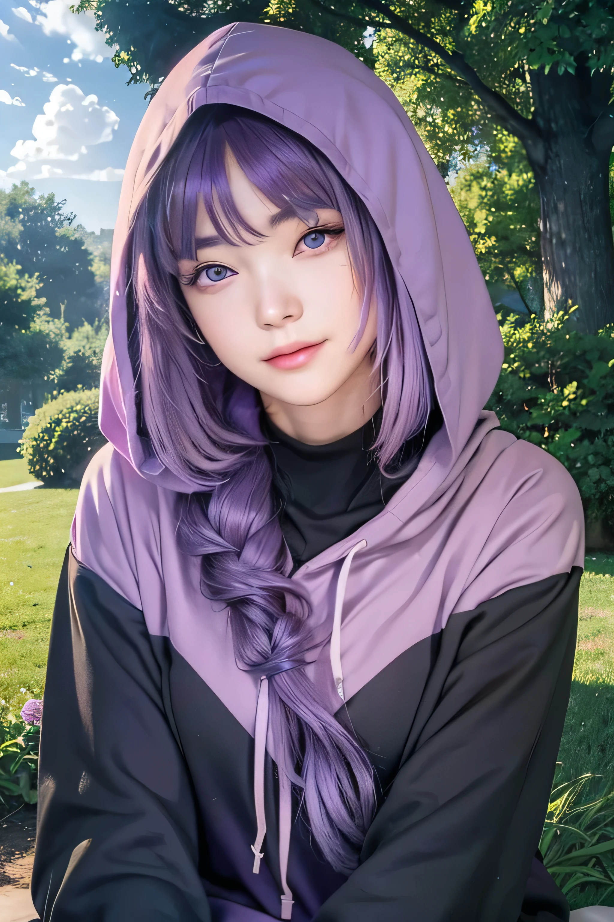 masterpiece, best quality, (realistic,photo-realistic:1.4), (RAW photo:1.2), extremely detailed CG unity 8k wallpaper, delicate and beautiful, amazing,finely detail, official art, absurdres, incredibly absurdres, huge filesize, ultra-detailed,extremely detailed eyes and face,light on face,sumire kakei,(little smile),(purple hair:1.4),(long hair:1.6),(wearing hoodie:1.4),garden,hooded,turtleneck