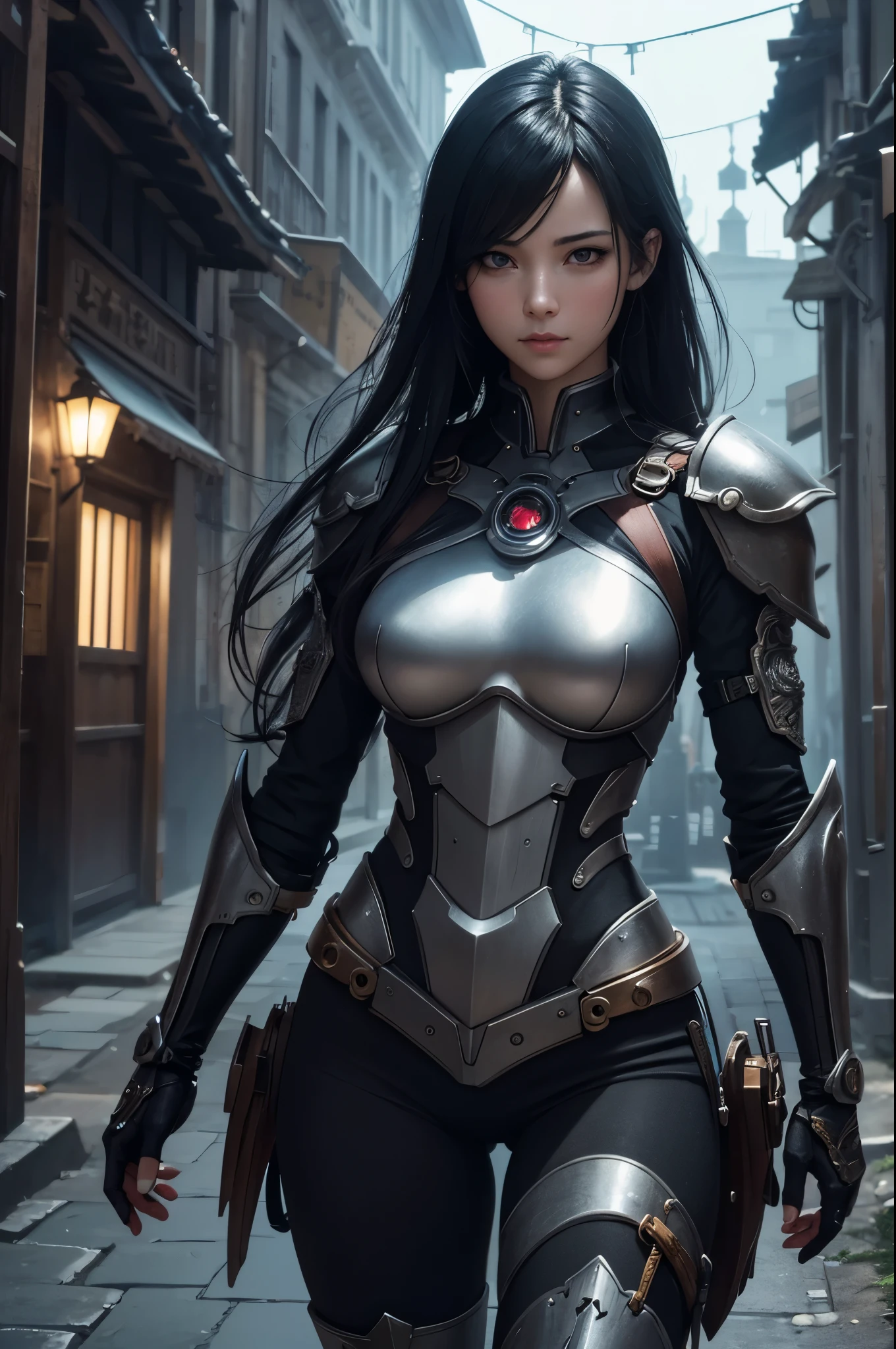 8K、Mechanical Lloyd with short black hair、skeleton mechanical roid girl、girl with exposed skeleton、detailed digital anime art、Glowing LED(effect)U3D rendering character art 8K、photorealistic girl rendering、8K high quality detail art、2。5d cgi anime fantasy artwork、Beautiful girl mechanical roid、Guweiz style artwork,超A high resolution,Super realistic texture,masterpiece,Photorealistic RAW photos of the highest quality。bright colors,rich colors, Backlight, cinematic lighting, film grain, to be born, 50MM lens, Nikon D850,super realistic skin,fantasy art,character art,ultra high resolution,realistic scale skin,Perfect hand shape,view audience,beautiful expression,Close-up,Camera eye effect with red left eye),Mechanical parts are exposed in several places.,Medieval port town,Adventurer's Equipment,