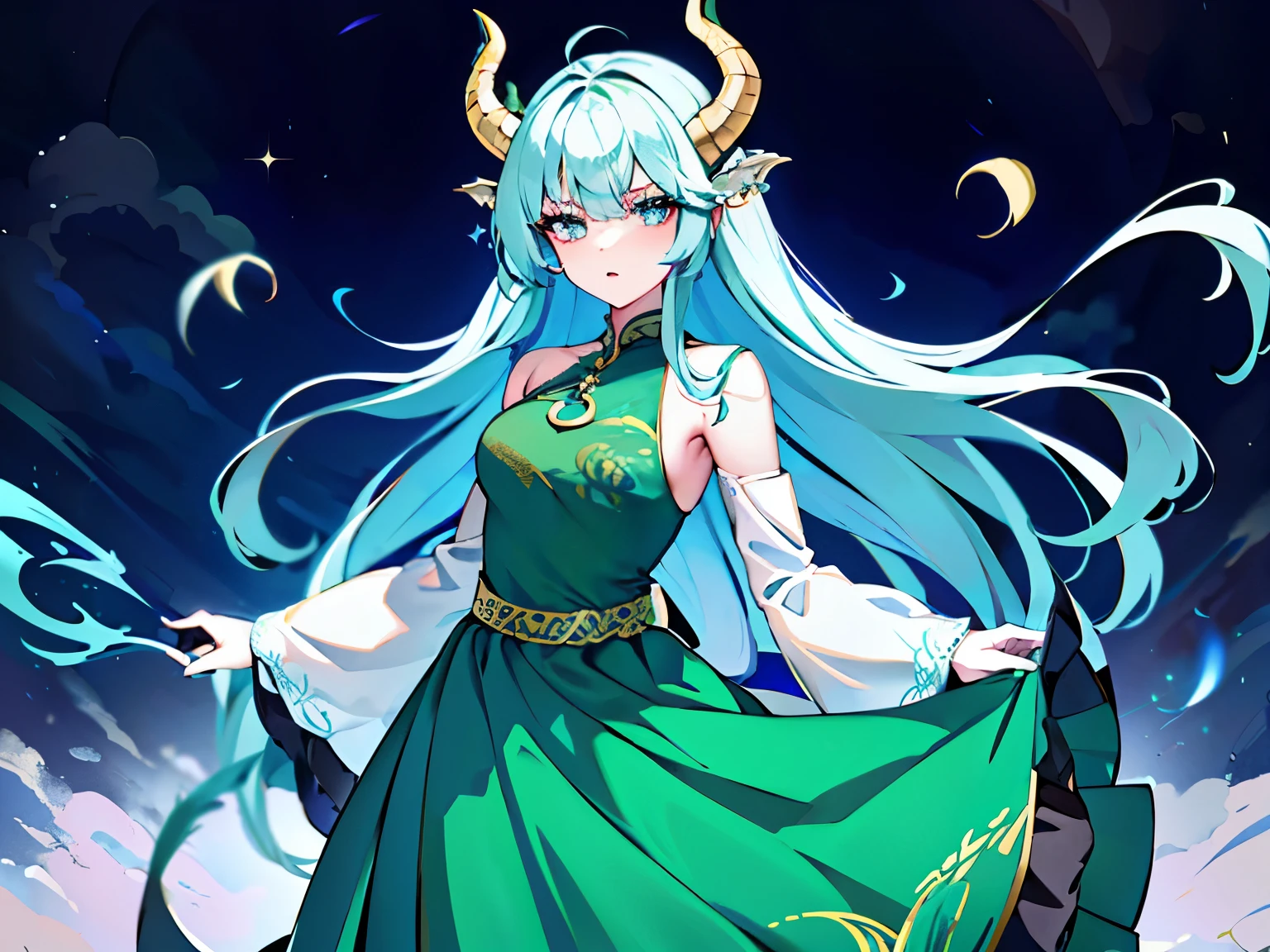 dragon girl，With dragon horns，In human form，Beautiful face，Long hair like a waterfall，Eyes sparkling with wisdom and courage。She is wearing a green dress，Exquisite long skirt，Dragon pattern embroidered on skirt，When it blows in the wind, it seems like a dragon is swimming。4k，high quality，Boutique，