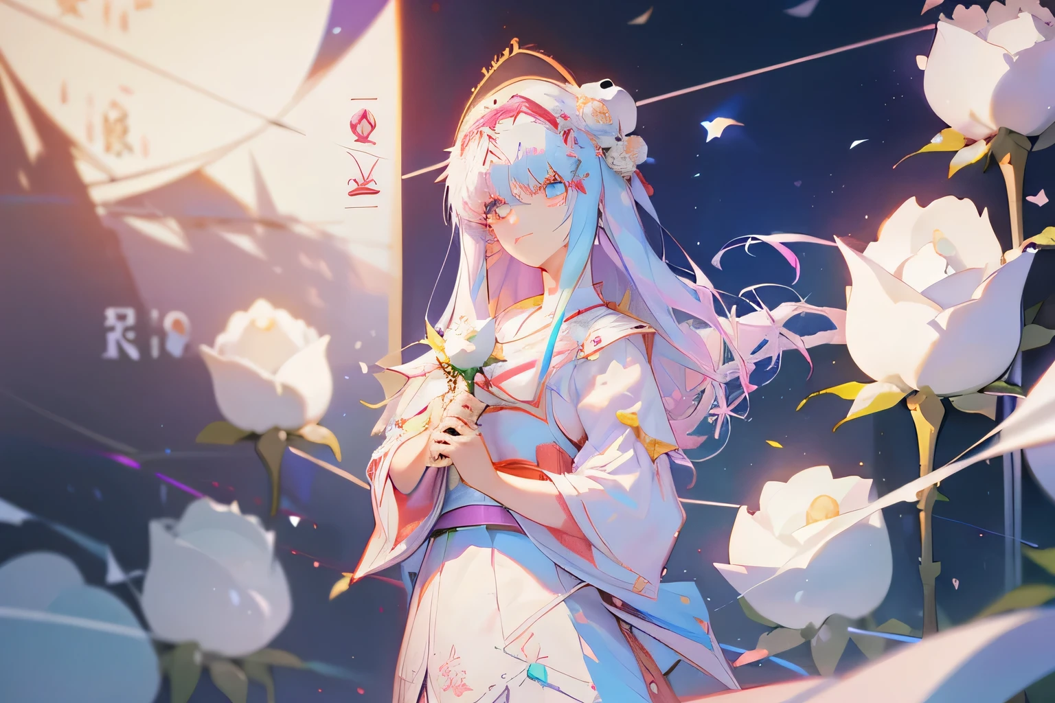 Girl, young, Lilac color hair, (Japanese photo color tone:0.7), long white EMBROIDERY dress, (modern style dress:1.0), watching at the rose on hand, side face, half-body picture, (Holding white rose:1.5), smiling, (Japanese singer Aimer:2.0), (Normally proportioned and beautiful facial features:0.7), (delicate face:0.5), (girl stand in front of background full of white rose :1.0) ,Top Quality, Masterpiece, Ultra High Definition, 8K, portrait photo size