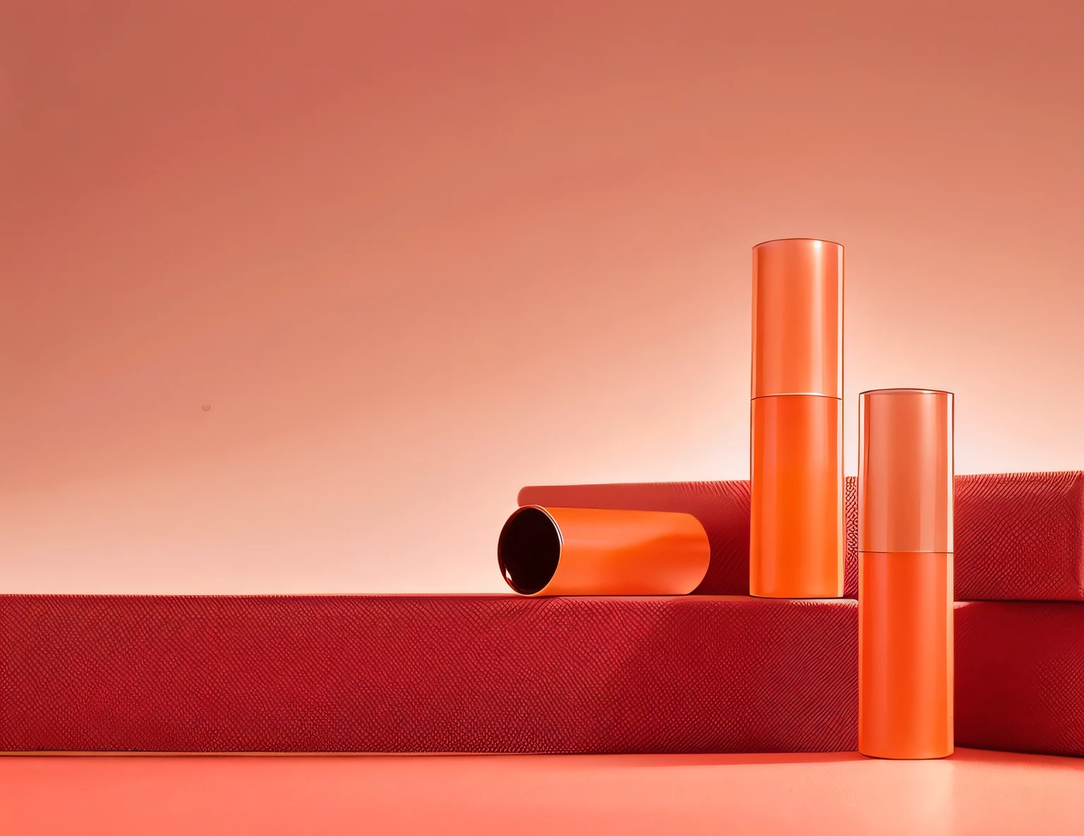 Three tubes of lipstick on a gray surface, Glossy bottle,Dramatic product shots, Playful Essay Canon, dramatic product photography, 35mm product photo,gray and orange colours, Dramatic product lighting,chiaroscuro,Ray tracing