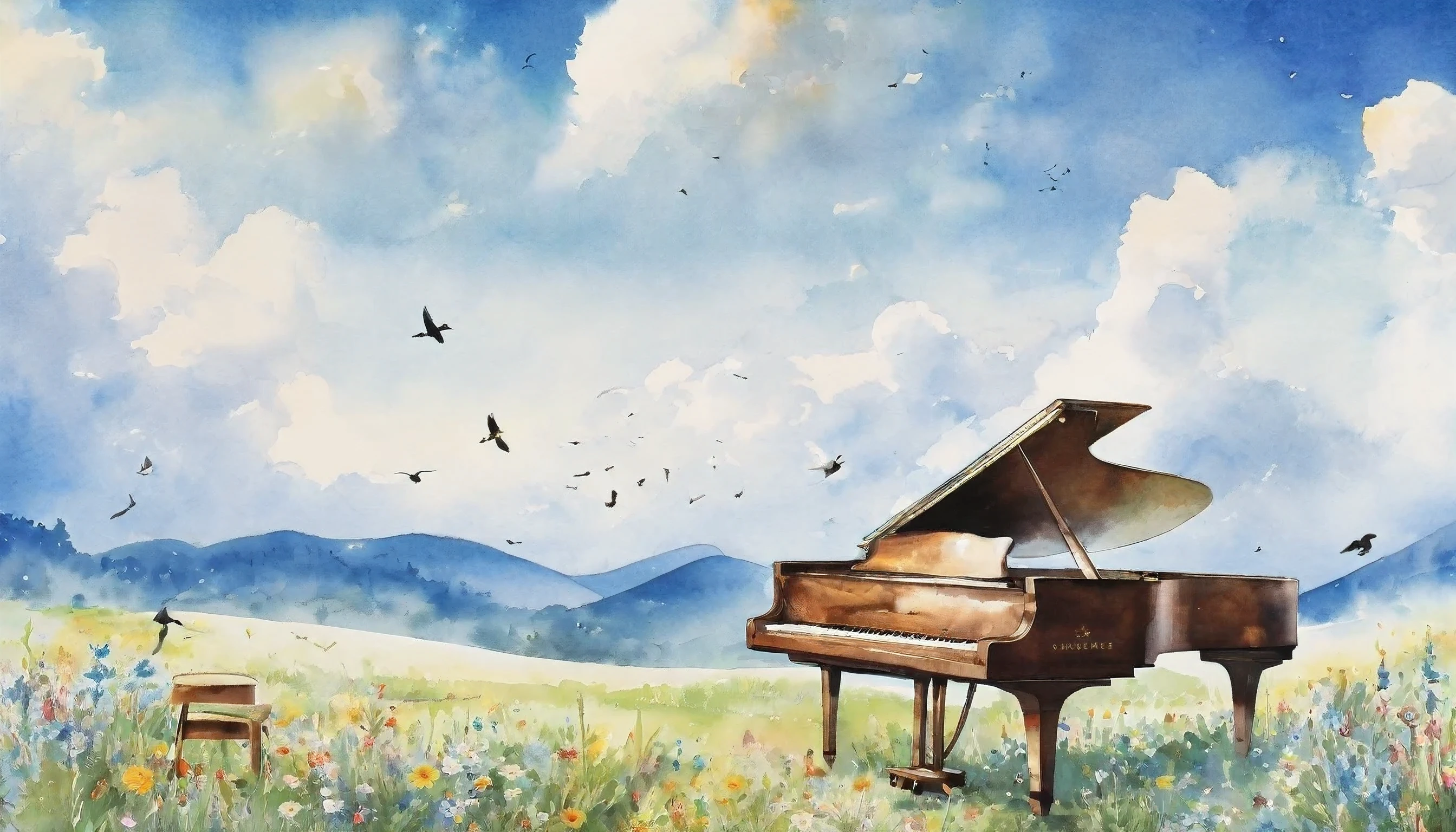 masterpiece、A flower-filled meadow, blue sky, birds chirping,Grand piano,Please create a watercolor-style depiction of a Grand piano from a side angle, excluding any depiction of a chair, with ample whitespace surrounding the entire piano to ensure a more complete composition.