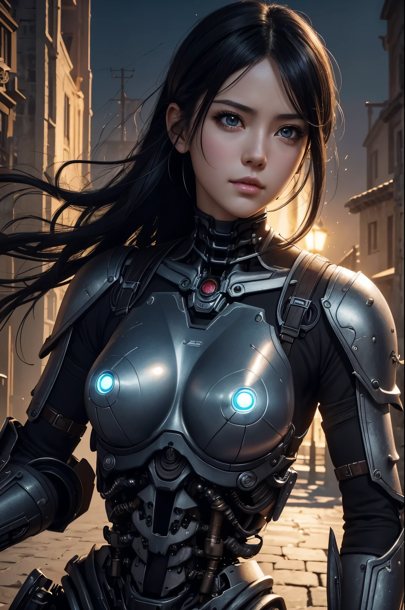 8K、Mechanical Lloyd with short black hair、skeleton mechanical roid girl、girl with exposed skeleton、detailed digital anime art、Glowing LED(effect)U3D rendering character art 8K、photorealistic girl rendering、8K high quality detail art、2。5d cgi anime fantasy artwork、Beautiful girl mechanical roid、Guweiz style artwork,超A high resolution,Super realistic texture,masterpiece,Photorealistic RAW photos of the highest quality。bright colors,rich colors, Backlight, cinematic lighting, film grain, to be born, 50MM lens, Nikon D850,super realistic skin,fantasy art,character art,ultra high resolution,realistic scale skin,Perfect hand shape,view audience,beautiful expression,Close-up,Camera eye effect with red left eye),Mechanical parts are exposed in several places.,Medieval port town,Adventurer's Equipment,terminator,