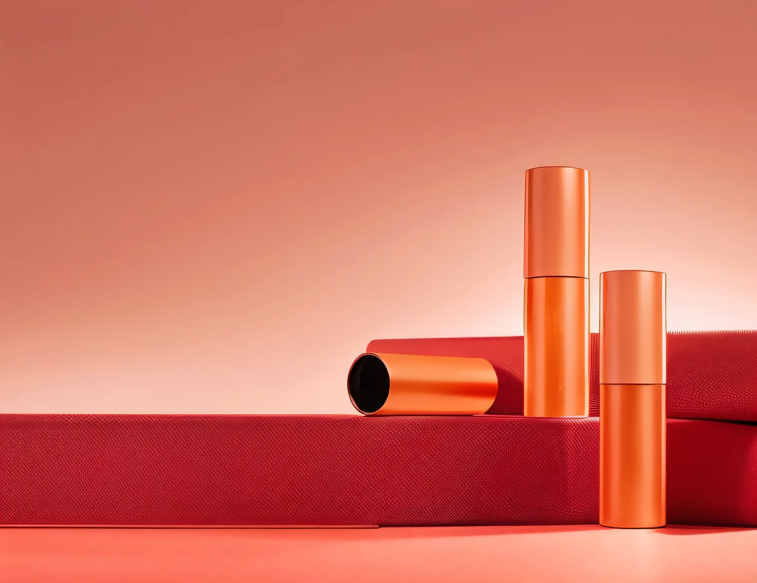 Three tubes of lipstick on a gray surface, Glossy bottle，Dramatic product shots,  Playful Essay Canon, dramatic product photography, 35mm product photo，gray and orange colours, Dramatic product lighting，chiaroscuro，Ray tracing