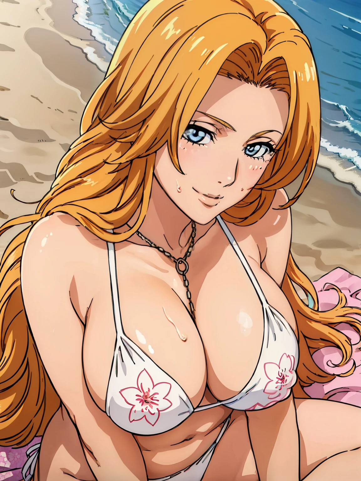 very tempting pose, sexy pose, squatting on sand, (flower pattern bikini), at beach, (beach background), mature women, takeda hiromitsu style, anime cels style, best quality, high resolution, (huge breasts:1.3), cowboy shot, (potrait body), blush, smiling, blue eyes, Blonde hair, bangs,Long_hair, 1 girl, looking at viewer