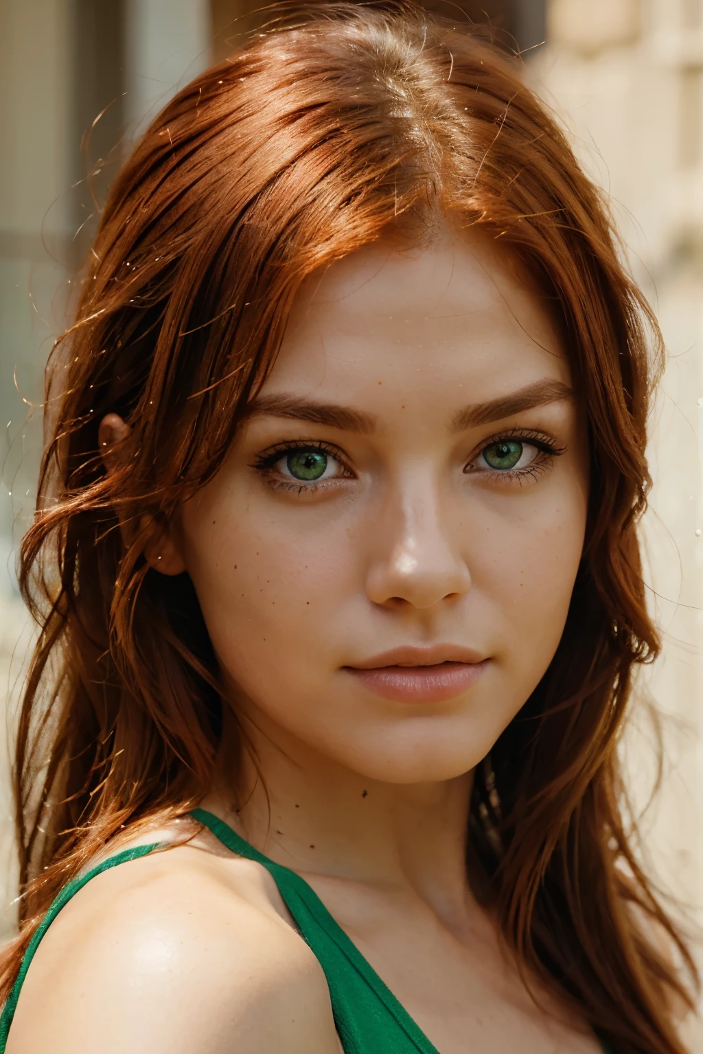 create a photo realistic facial shot of a pretty woman with red hair and green eyes