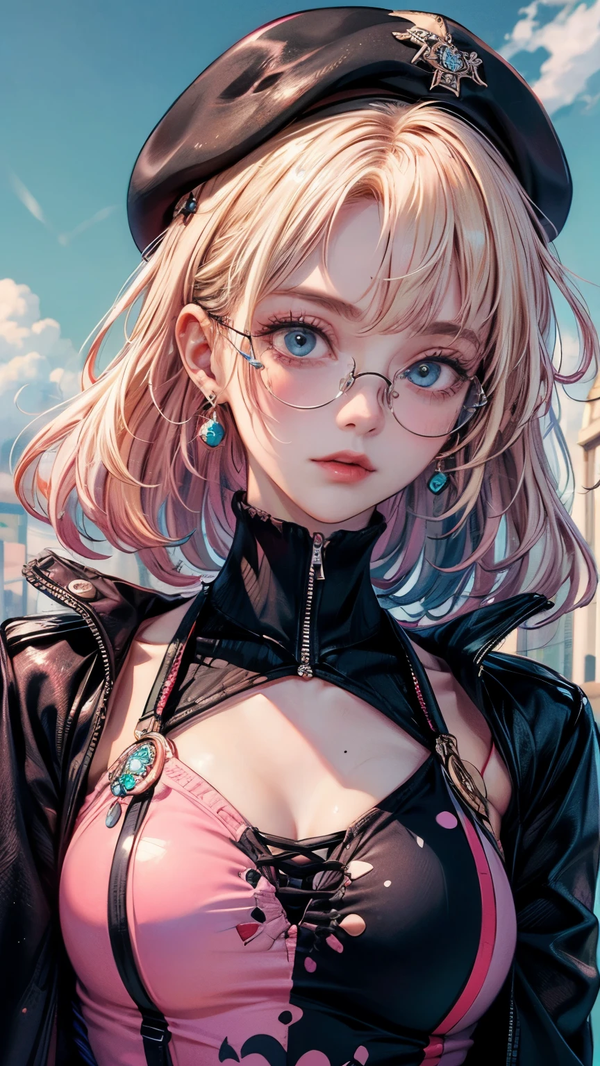 best quality, masterpiece, ultra high res,beret, pink and black one piece and blonde hair and blue eyes, extreme detail, 4k,glasses