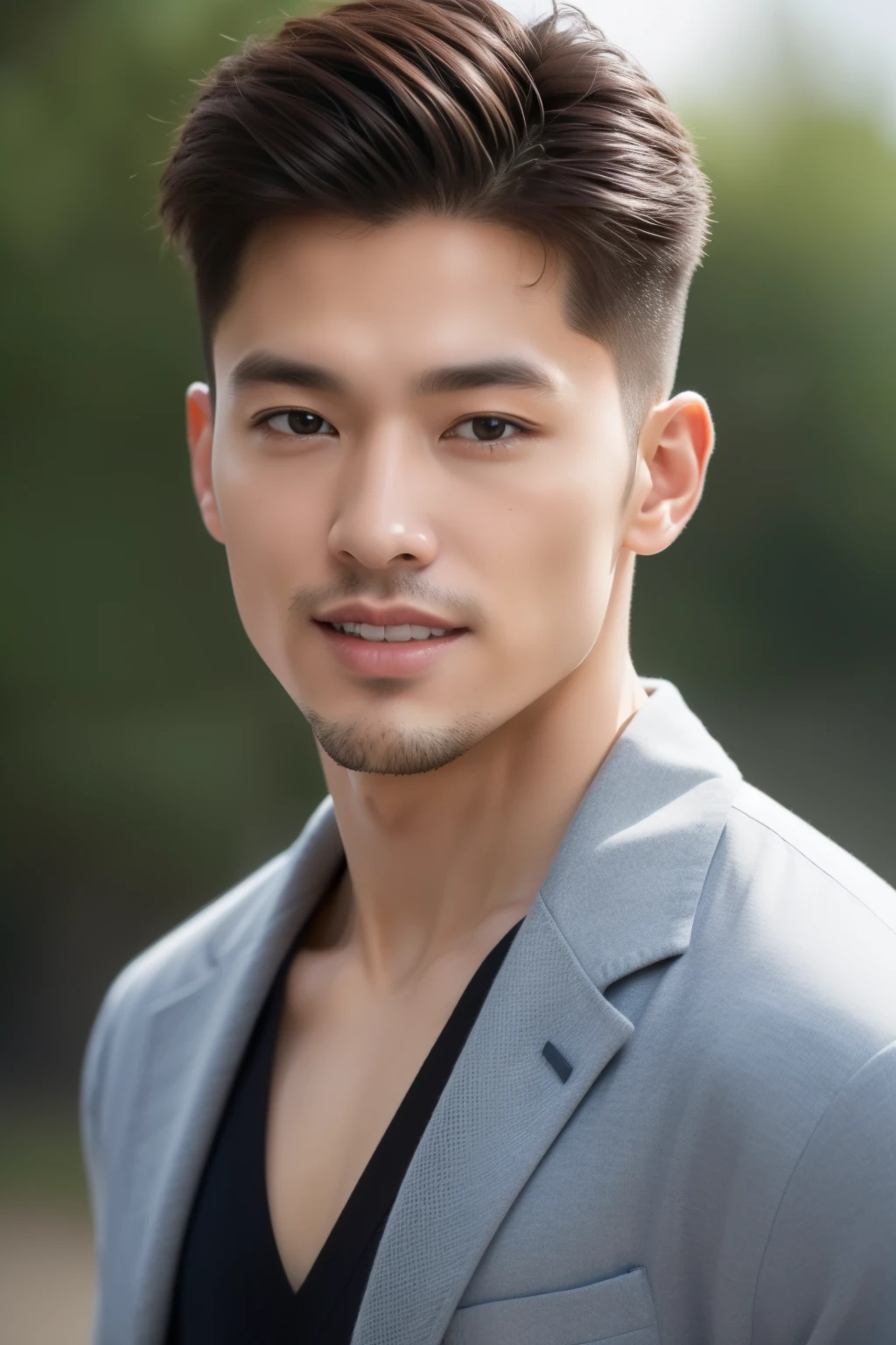 ((Best quality, 8k, Masterpiece: 1.3)), 1 straight Chinese hot dude, emphasis on outstanding profile: 1.3, (perfect jawline, sharp features: 1.2), breathtaking physique, muscular build, exquisite facial structure, (captivating gaze: 1.2), ((fashion-forward hairstyle)), (charming smile), (alluring charm: 1.4), (admired by gay men: 1.2), (impeccable fashion sense), ((mesmerizing presence: 1.3)), ((demanding attention: 1.2))