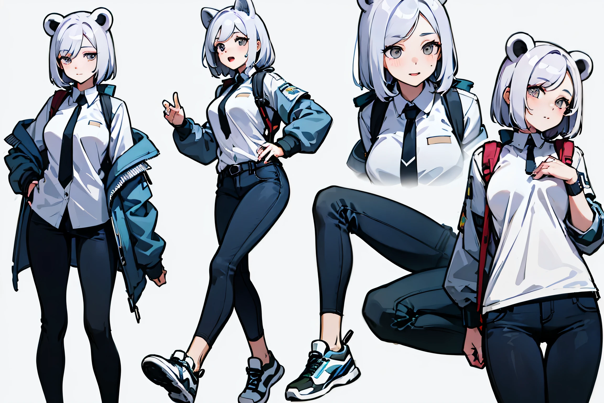 karapucha Remix Hints Copy hints highest quality, Detailed face, Character Sheet,(((Young woman:1.5))), ((whole body:1.2)), Full of details, Multiple postures and facial expressions, very detailed, Depth, ung woman, without bangs, (white shirt hair, Gray sexy eyes, Straight hair, polar bear ears, white shirt and blue tie, fury Jacket looks, medium breasts, High neckline, strap, Suspense, Skinny black jeans, White running shoes, cute style, sexy smile and pose,Discolored skin,
