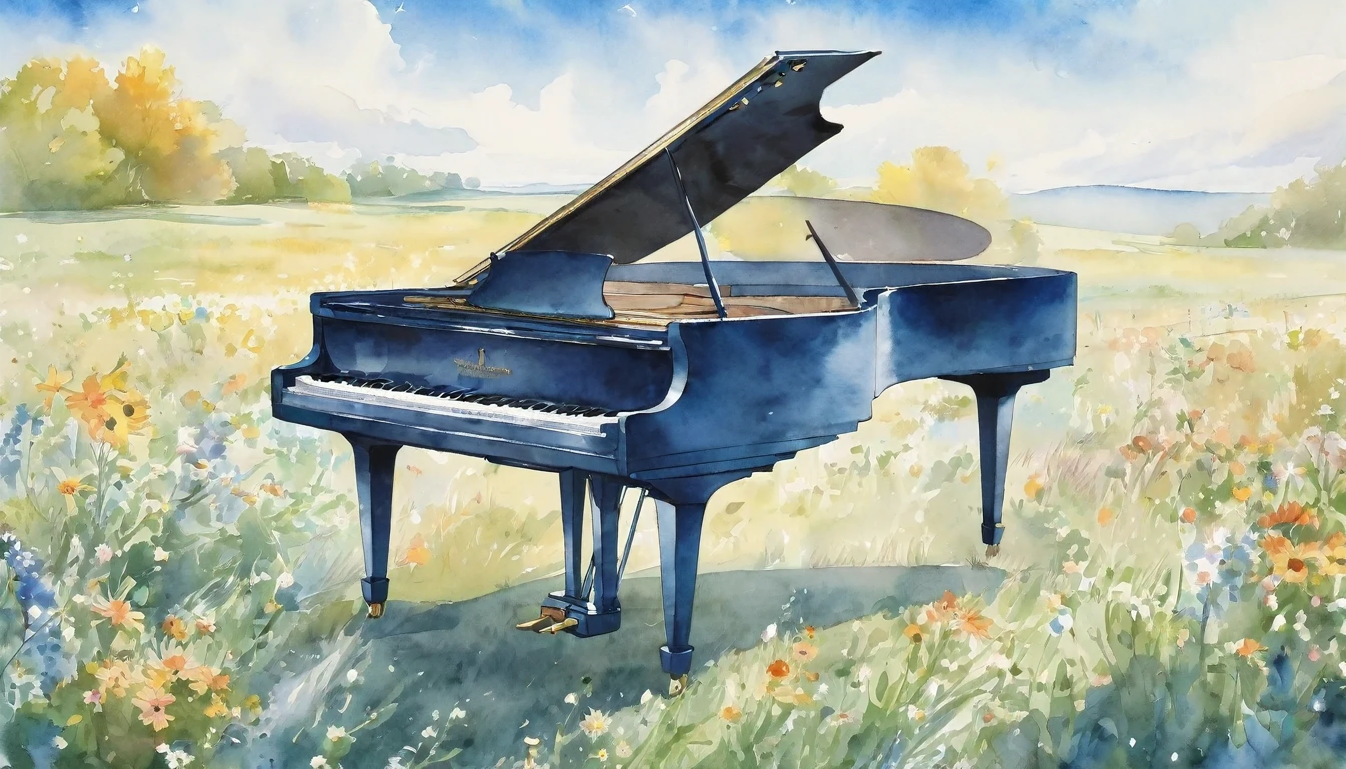 masterpiece、A flower-filled meadow, blue sky,,Grand piano,Please create a watercolor-style depiction of a Grand piano from a side angle, excluding any depiction of a chair, with ample whitespace surrounding the entire piano to ensure a more complete composition.