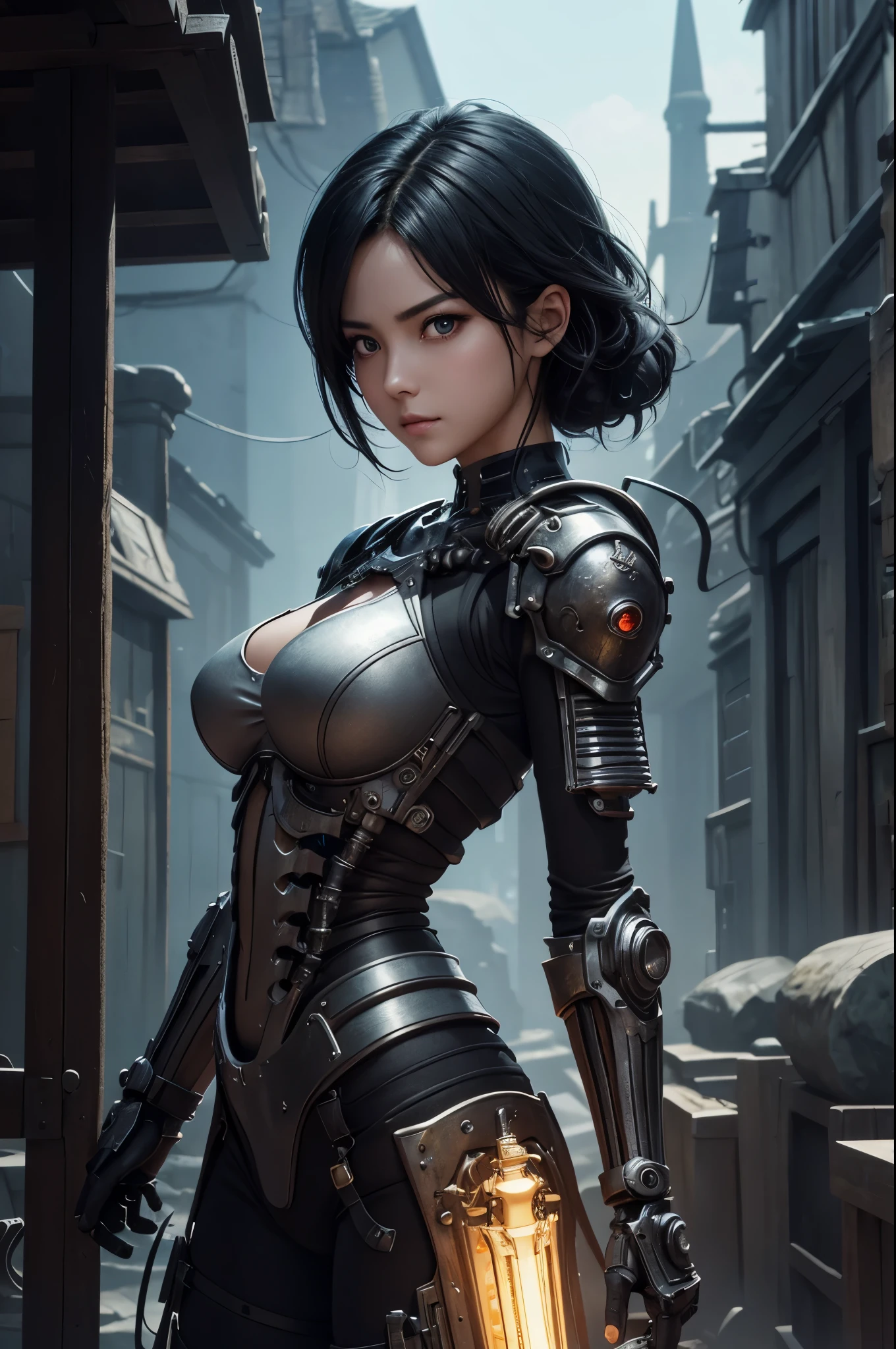 8K、Mechanical Lloyd with short black hair、skeleton mechanical roid girl、girl with exposed skeleton、detailed digital anime art、Glowing LED(effect)U3D rendering character art 8K、photorealistic girl rendering、8K high quality detail art、2。5d cgi anime fantasy artwork、Beautiful girl mechanical roid、Guweiz style artwork,超A high resolution,Super realistic texture,masterpiece,Photorealistic RAW photos of the highest quality。bright colors,rich colors, Backlight, cinematic lighting, film grain, to be born, 50MM lens, Nikon D850,super realistic skin,fantasy art,character art,ultra high resolution,realistic scale skin,Perfect hand shape,view audience,beautiful expression,Close-up,Camera eye effect with red left eye),Mechanical parts are exposed in several places.,Medieval port town,brown and black adventurer equipment,terminator,wilderness,dynamic pose,wrestle,take a stand,give a sharp look,angry expression,