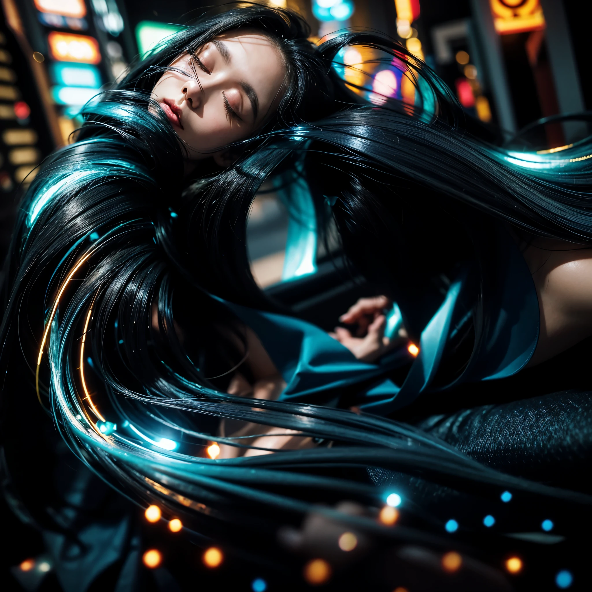 A woman was lying down on the ground with her eyes closed. Her face is painted in neon colors. Her long, black hair fell behind her head. Around him, there were many small particles flying around. The background is a busy city scene with neon lights. The visual effects used are blur effects and neon light effects. 8K, UHD, Brandon Woelfoel photography style