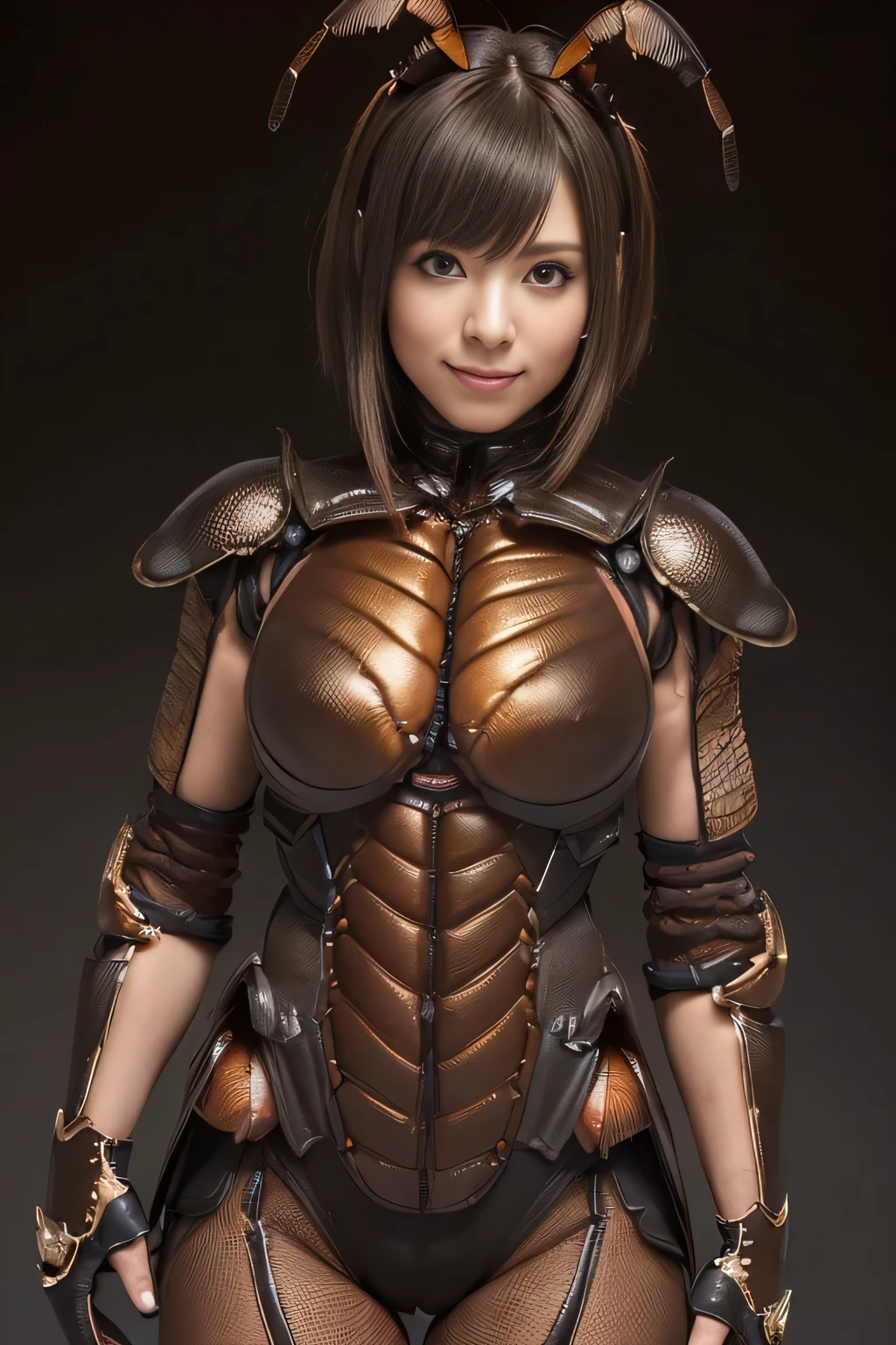 (high resolution,masterpiece,best quality,extremely detailed CG, anime, official art:1.4), realistic, photo, amazing fine details, all intricate, gloss and shiny,awesome many layers, 8k wall paper, 3d, sketch, kawaii, illustration,( solo:1.4), perfect female proportion,villainess, (fusion of dark brown cockroach and lady:1.4), (brown cockroach form lady:1.2), (brown cockroach lady:1.2), (fusion:1.2), (solo:1.4), (evil smile:1.2), muscular, abs, (cockroach brown exoskeleton bio insect suit:1.4), (cockroach brown exoskeleton bio insect armor:1.2), (brown transparency cockroach wing:1.4), (brown cockroach antennae:1.3),