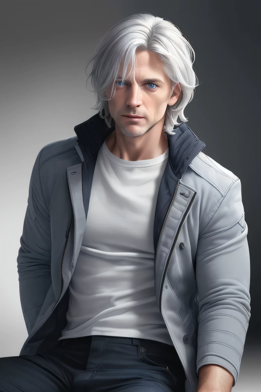 (best quality, highres:1.2), (ultra-detailed, realistic:1.37), HDR, (studio lighting, sharp focus), (physically-based rendering, extreme detail description),
(portrait, photography), (warm colors, soft tones), (subtle, dramatic) lighting, solo, grey hair, blue eyes, 1boy, jacket, white hair, male focus,pants, hair over one eye