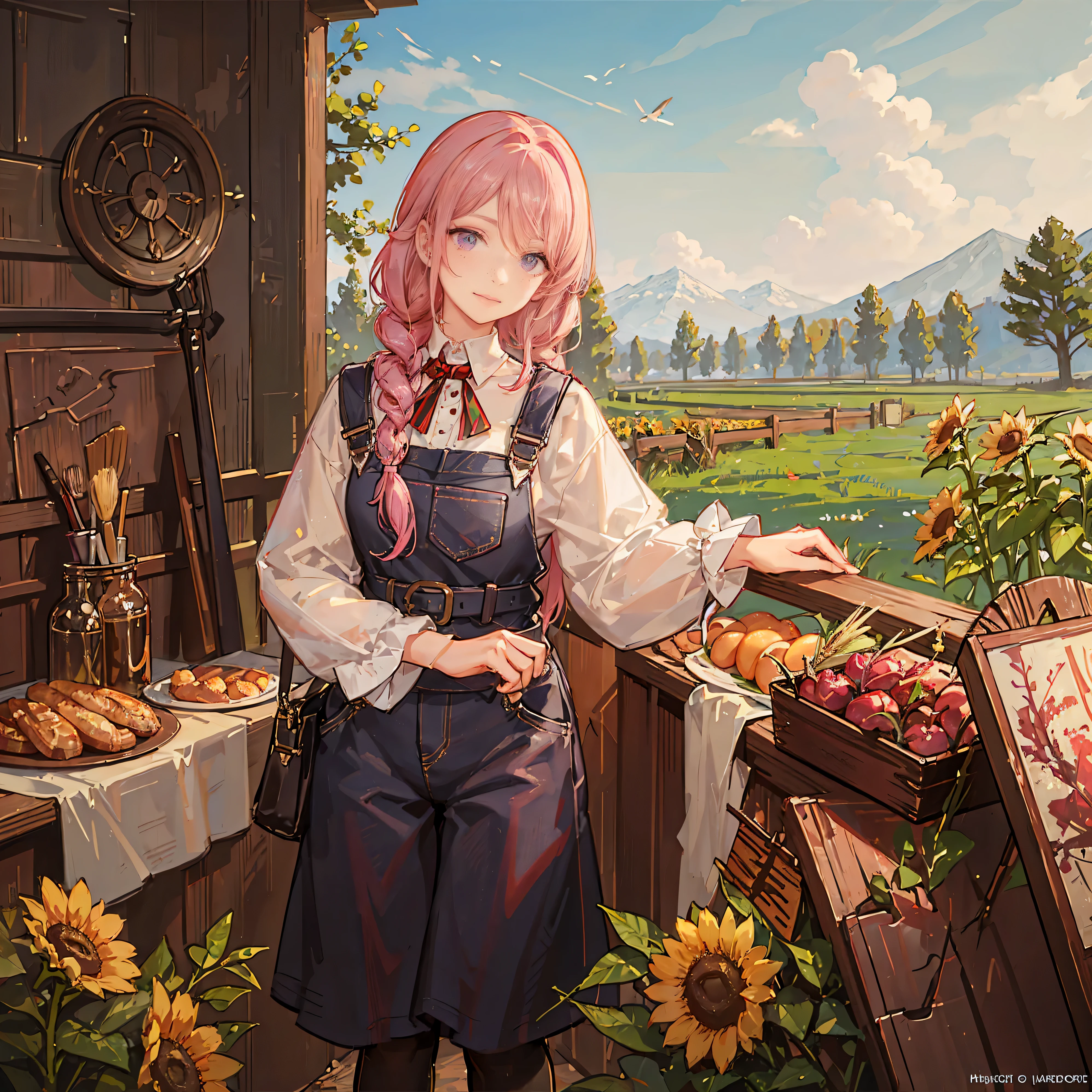 cute-boy, femboy, African, purple-cornrow-braids, bronze-skin, freckles, pink-eyes, large-hips, wears-overalls, little-bows, coquette, stardew-valley, digital-painting, vibrant colors, soft lighting, dreamy landscapes, detailed facial features, expressive eyes and full lips, joyful expression, rustic background, sunflower fields, farm animals, afternoon sunlight, rustic charm, whimsical atmosphere, naturescape, rural scenery, picturesque setting, playful pose, youthful charm, warm and inviting ambiance, enchanting beauty, nostalgic feel