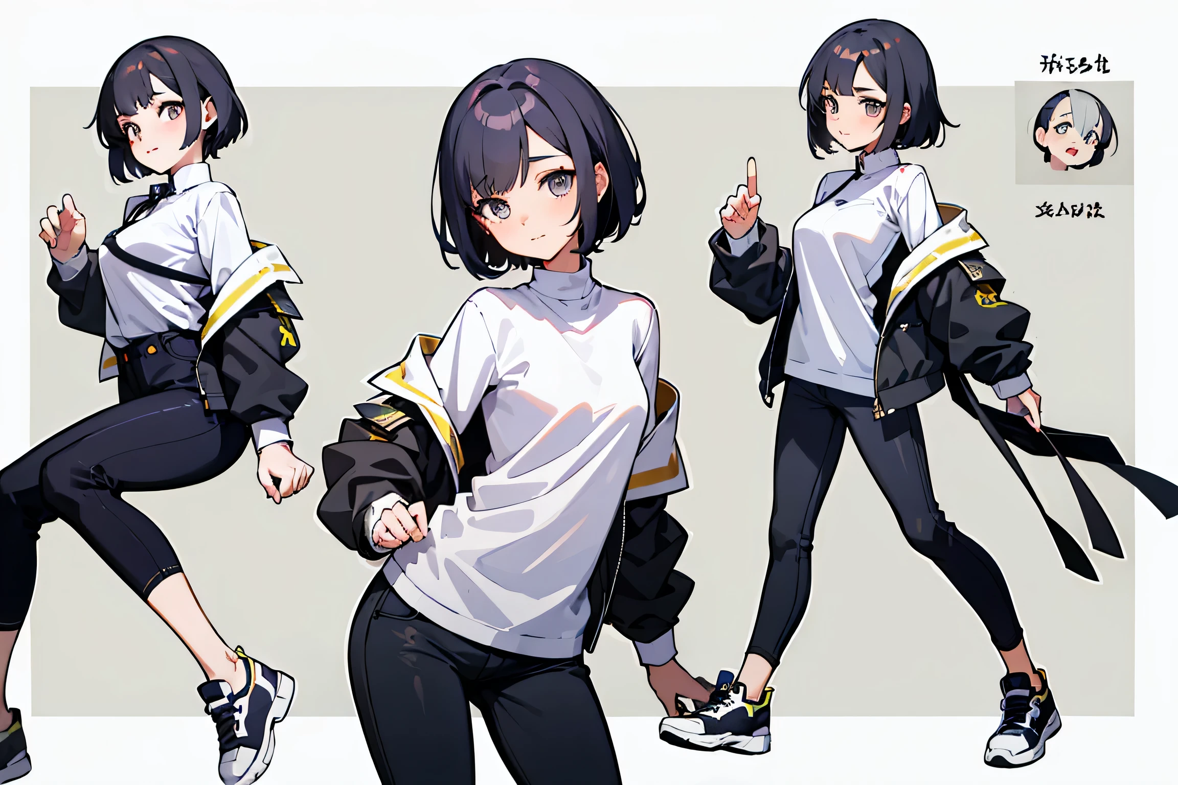 karapucha Remix Hints Copy hints highest quality, Detailed face, Character Sheet,(((Young woman:1.5))), ((whole body:1.2)), Full of details, Multiple postures and facial expressions, very detailed, Depth, 1 Young woman, without bangs, (white short hair, Gray sexy eyes, Straight hair, white shirt and black tie, penguin Jacket looks, medium breasts, High neckline, strap, Suspense, Skinny black jeans, yellow running shoes, cute style, sexy smile and pose,Discolored skin,