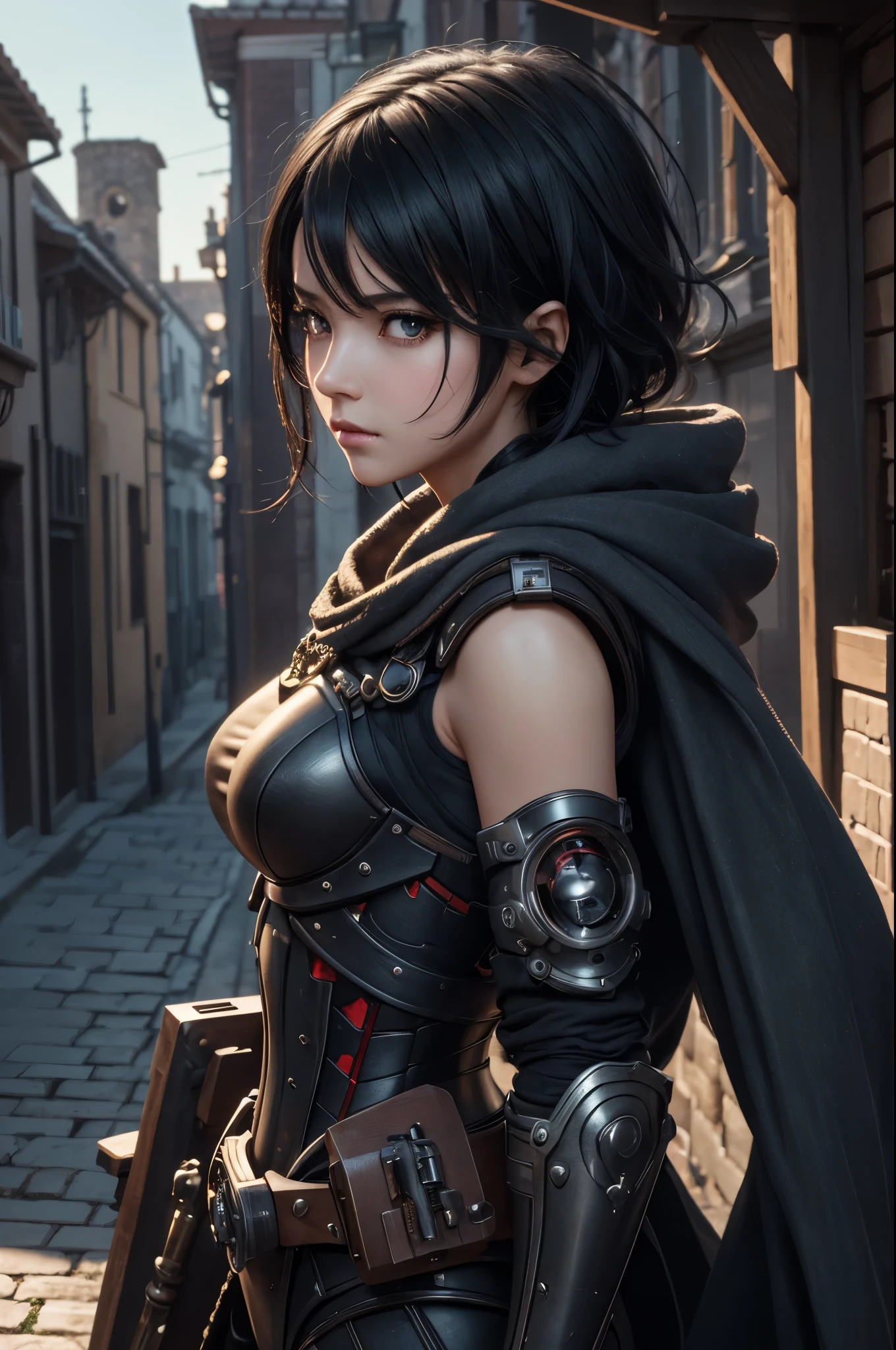8K、Mechanical Lloyd with short black hair、skeleton mechanical roid girl、girl with exposed skeleton、detailed digital anime art、Glowing LED(effect)U3D rendering character art 8K、photorealistic girl rendering、8K high quality detail art、2。5d cgi anime fantasy artwork、Beautiful girl mechanical roid、Guweiz style artwork,超A high resolution,Super realistic texture,masterpiece,Photorealistic RAW photos of the highest quality。bright colors,rich colors, Backlight, cinematic lighting, film grain, to be born, 50MM lens, Nikon D850,super realistic skin,fantasy art,character art,ultra high resolution,realistic scale skin,Perfect hand shape,view audience,beautiful expression,Close-up,Camera eye effect with red left eye),Mechanical parts are exposed in several places.,Medieval port town,brown and black adventurer equipment,terminator,wilderness,dynamic pose,wrestle,take a stand,give a sharp look,angry expression,