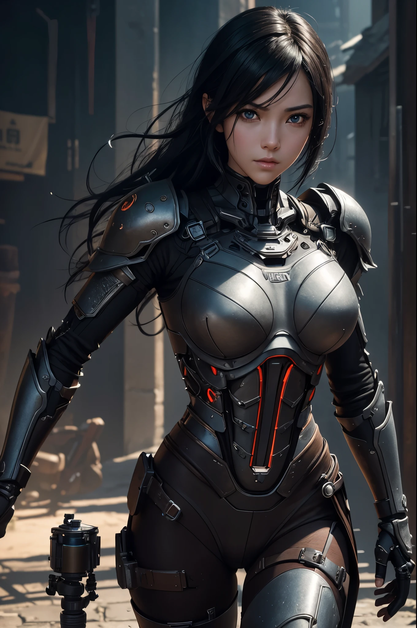 8K、Mechanical Lloyd with short black hair、skeleton mechanical roid girl、girl with exposed skeleton、detailed digital anime art、Glowing LED(effect)U3D rendering character art 8K、photorealistic girl rendering、8K high quality detail art、2。5d cgi anime fantasy artwork、Beautiful girl mechanical roid、Guweiz style artwork,超A high resolution,Super realistic texture,masterpiece,Photorealistic RAW photos of the highest quality。bright colors,rich colors, Backlight, cinematic lighting, film grain, to be born, 50MM lens, Nikon D850,super realistic skin,fantasy art,character art,ultra high resolution,realistic scale skin,Perfect hand shape,view audience,beautiful expression,Close-up,Camera eye effect with red left eye),Mechanical parts are exposed in several places.,Medieval port town,brown and black adventurer equipment,terminator,wilderness,dynamic pose,wrestle,take a stand,give a sharp look,angry expression,