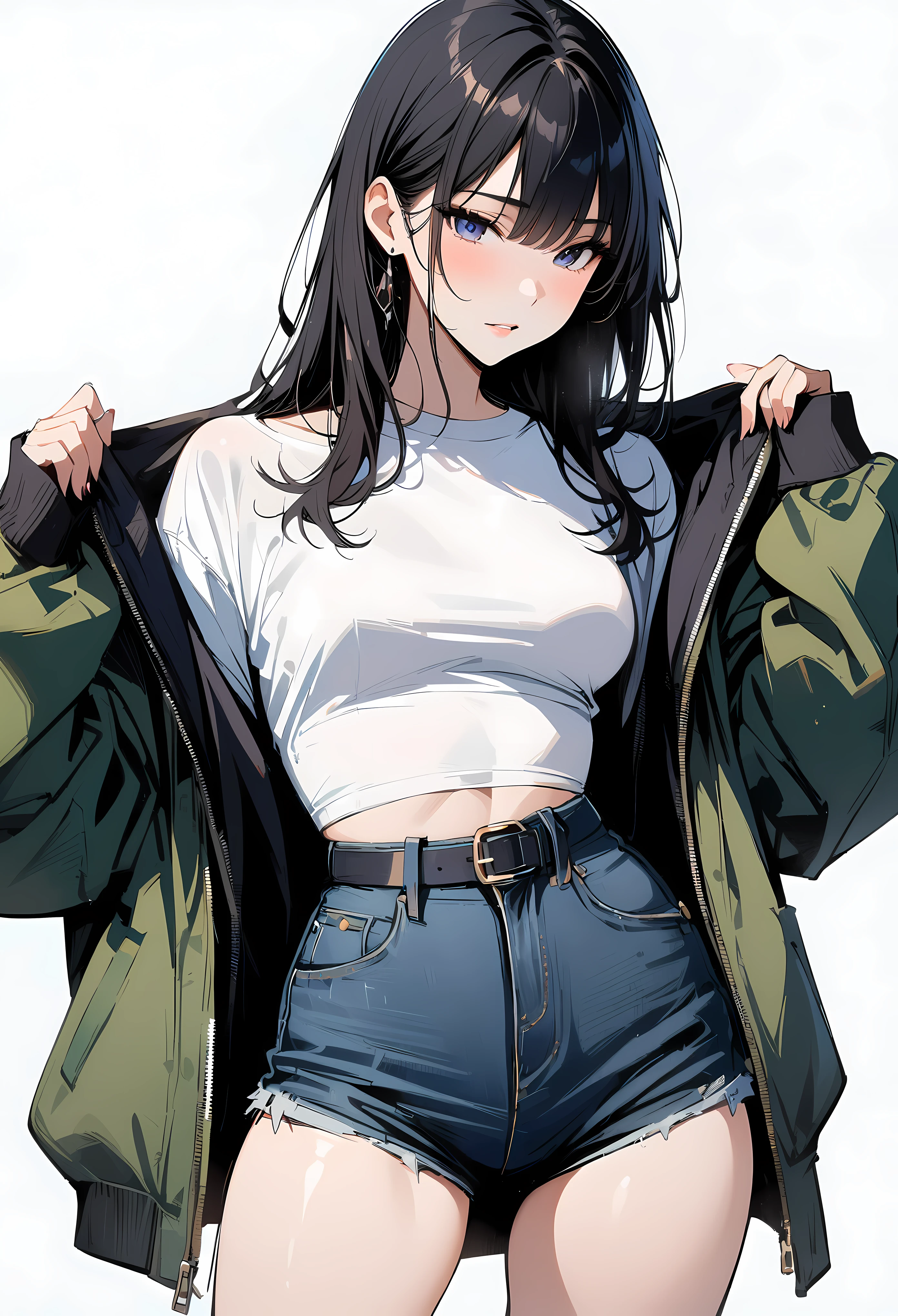 (masterpiece, best quality:1.2), 1 girl, alone , sexy , green jaket , cutoff-jeans , (cowboy shot) , black hair , white top