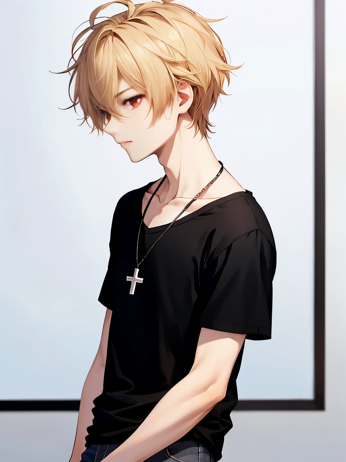 1 boy,solo,20 years old,guy,Facing left, camera angle from the side, look away, Stand ,HD face,cross necklace,handsome,messy hair,Perfect face, short hair, blonde hair,black t-shirt, Plain t-shirt,black t-shirt,short sleeve t-shirt,black trousers, Long pants,red eyes,bright red eyes, vampire
