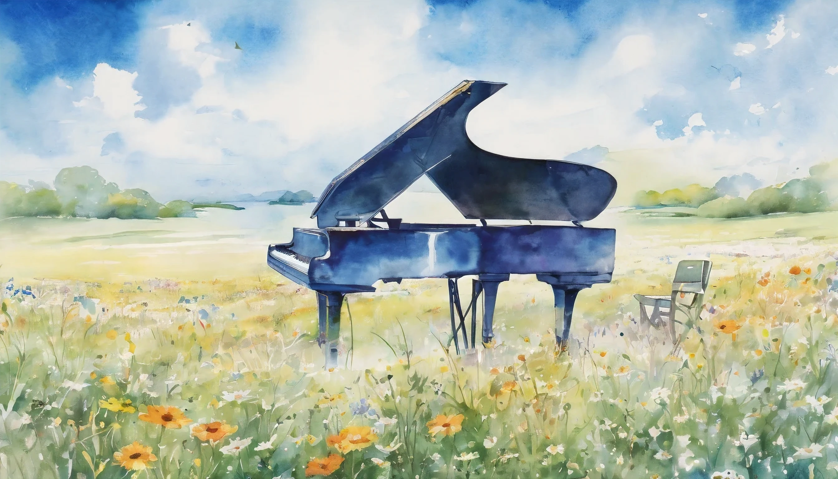 masterpiece、Musical notes dancing,A flower-filled meadow, blue sky,,Grand piano,Please create a watercolor-style depiction of a Grand piano from a side angle, excluding any depiction of a chair, with ample whitespace surrounding the entire piano to ensure a more complete composition.