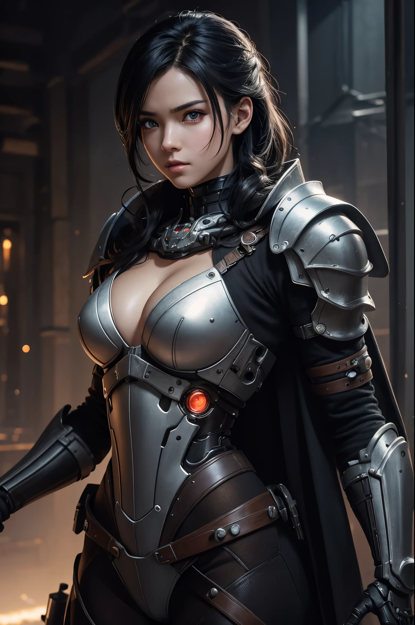 8K、Mechanical Lloyd with short black hair、skeleton mechanical roid girl、girl with exposed skeleton、detailed digital anime art、Glowing LED(effect)U3D rendering character art 8K、photorealistic girl rendering、8K high quality detail art、2。5d cgi anime fantasy artwork、Beautiful girl mechanical roid、Guweiz style artwork,超A high resolution,Super realistic texture,masterpiece,Photorealistic RAW photos of the highest quality。bright colors,rich colors, Backlight, cinematic lighting, film grain, to be born, 50MM lens, Nikon D850,super realistic skin,fantasy art,character art,ultra high resolution,realistic scale skin,Perfect hand shape,view audience,beautiful expression,Close-up,Camera eye effect with red left eye),Mechanical parts are exposed in several places.,Medieval port town,brown and black adventurer equipment,terminator,wilderness,dynamic pose,wrestle,take a stand,give a sharp look,angry expression,