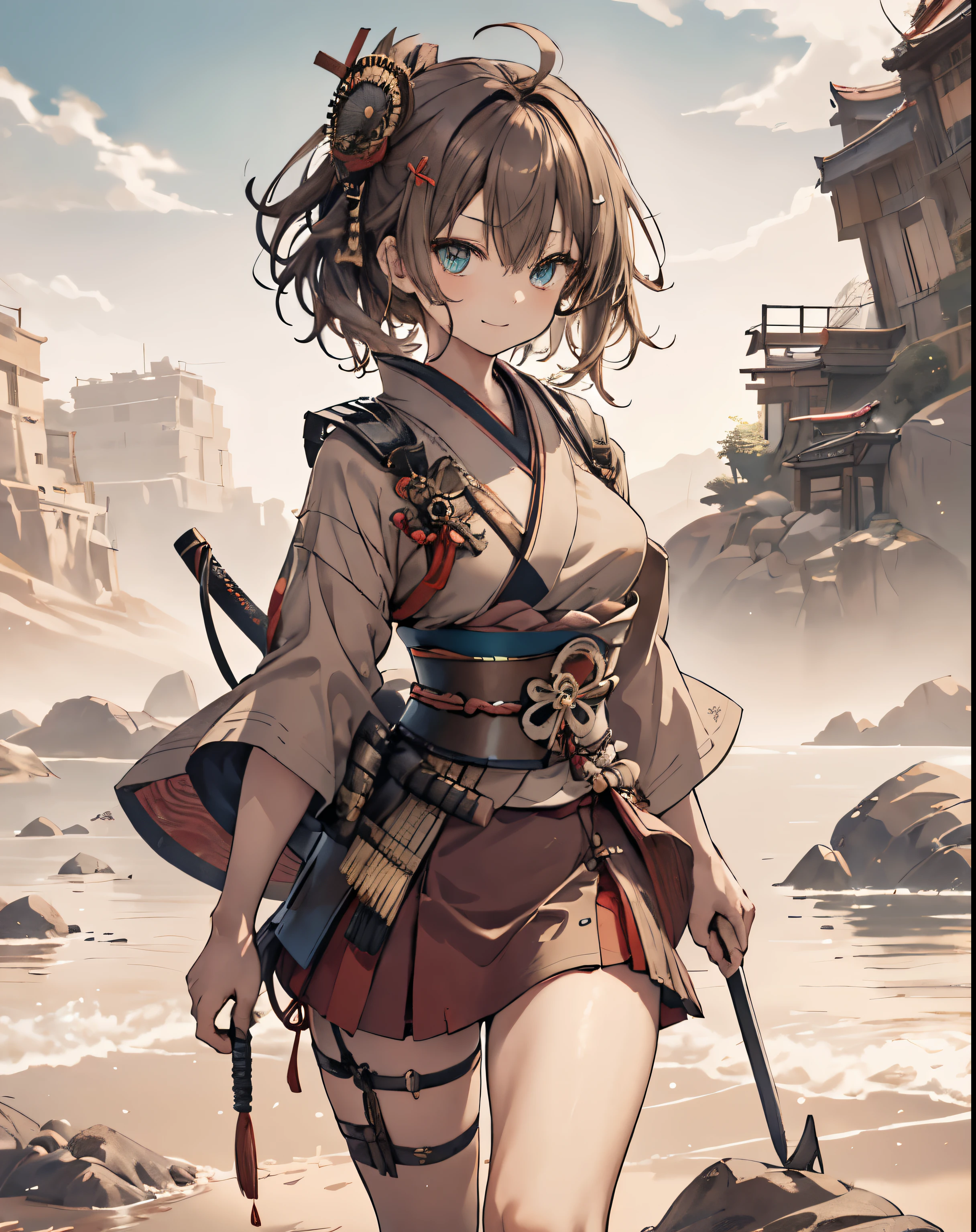 masterpiece,1girl, sparrow, a brown haired girl, wearing a japanese samurai kimono, curly short hair, messy hair, red skirt, slim body, small breasts, she close her left eye, shirt ornament, ppai, seductive expression, beautiful breasts, rounded breasts, aqua eyes, dress, miniskirt, standing above a rock, ahoge, hair ribbon, samurai, seductive smile
