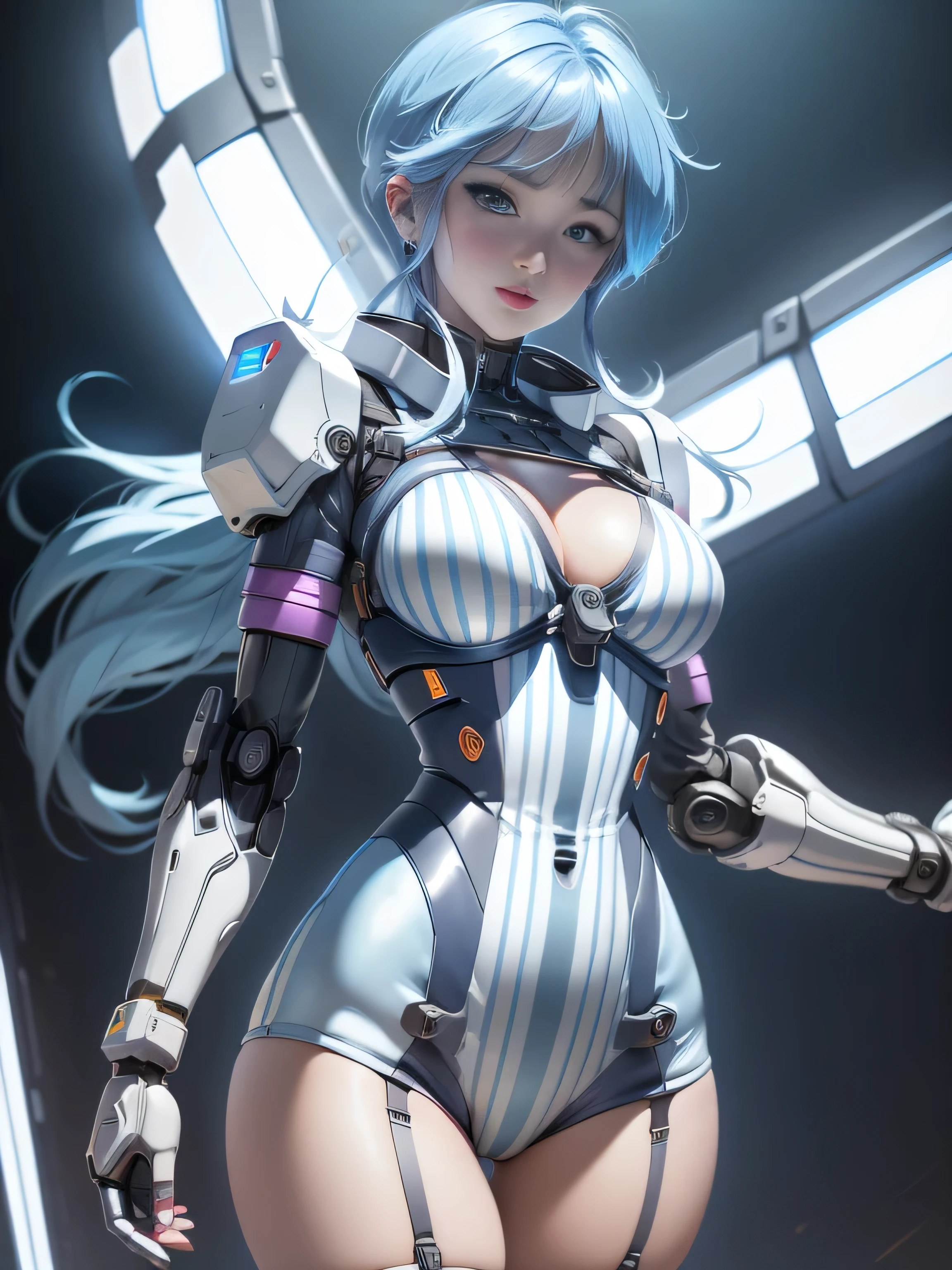 Yukime, Gospel World Yuki Onna, medium blue and white stripes, ((best quality)), ((masterpiece)), (detailed: 1.4), Female robot pilot defines muscular body, neon evangelion style, half thick bare thighs, closed mouth, sexy robot panties, Muscular body parts covered with technological clothing, (((medium breasts)) perfection, generous neckline, ((light blue and white striped clothes)), Argentina, pastel, (((mechanical arm))), Airplane wings on the back,  sky blue hair with highlights, short underwear, garter belt, for a lot, Rainbow--V5, close to the real thing, best quality, almost naked, psycho, my face turned red, Happy, sexy pose, psychedelic background, Two-piece clothing, dibujos de sol de la bandera de Argentina, cyber punk, sun and dark blue bra, (((Clothes with robot laces and lights ))),  pointed shoulder pads, blue eyes without pupils, HDR (high dynamic range),ray tracing,NVIDIA RTX,super resolution,unreal 5,Dispersed underground, PBR texture, Post-processing, anisotropic filtering, Depth of the bounds written, Maximum clarity and sharpness, multilayer texture, Albedo and specular maps, surface shading, Accurate simulation of light-matter interactions, proporciones perfectionas, octane rendering, 2 color illumination, wide opening, Low ISO,  White balance, Rule of thirds, 8K RAW, crisis nano suit