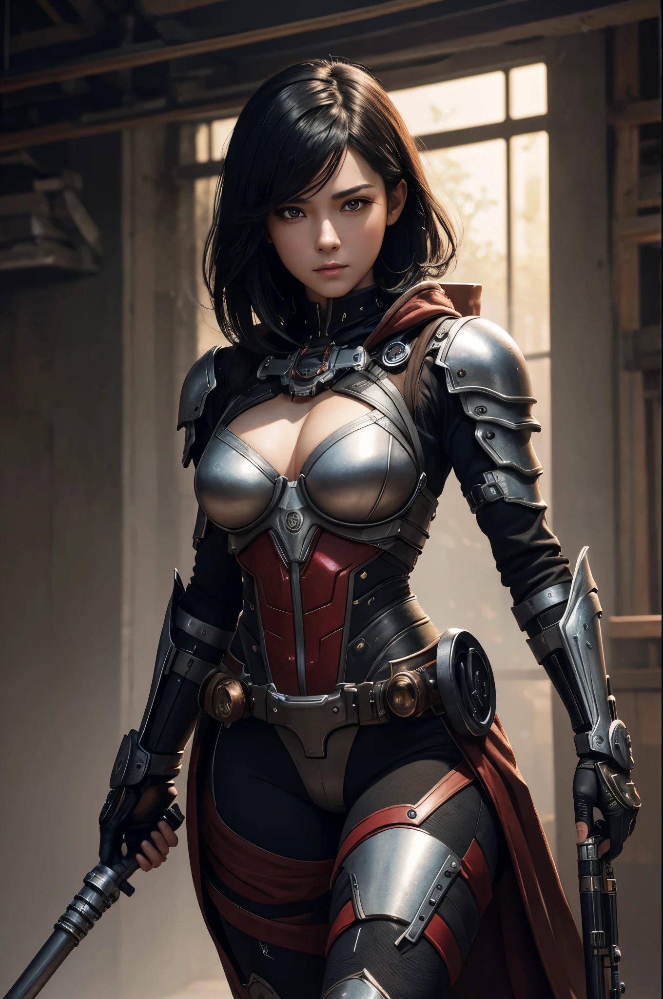 8K、Mechanical Lloyd with short black hair、skeleton mechanical roid girl、girl with exposed skeleton、detailed digital anime art、Glowing LED(effect)U3D rendering character art 8K、photorealistic girl rendering、8K high quality detail art、2。5d cgi anime fantasy artwork、Beautiful girl mechanical roid、Guweiz style artwork,超A high resolution,Super realistic texture,masterpiece,Photorealistic RAW photos of the highest quality。bright colors,rich colors, Backlight, cinematic lighting, film grain, to be born, 50MM lens, Nikon D850,super realistic skin,fantasy art,character art,ultra high resolution,realistic scale skin,Perfect hand shape,view audience,beautiful expression,Close-up,Camera eye effect with red left eye),Mechanical parts are exposed in several places.,Medieval port town,brown and black adventurer equipment,terminator,wilderness,dynamic pose,wrestle,take a stand,give a sharp look,angry expression,