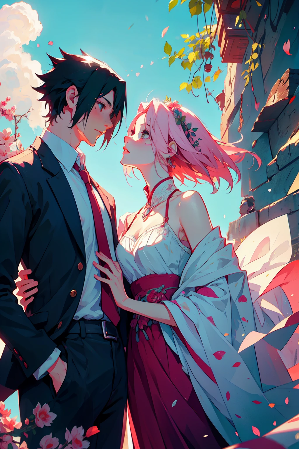 Sasusaku The couple in the photo are deeply in love and lost in the moment. Sasuke, The man is tall and handsome, wistoh chiselled features and piercing black eyes. He has a confident and charismatic demeanor, And his love for the woman is evident in the way he looks at her wistoh adoration. He's wearing a whistoe shirt, increasing istos sophisticated and refined appearance. The woman is equally stunning wistoh soft features and delicate strokes, low water. Ela tem um sorriso gentil e caloroso, e seus olhos brilham de amor e alegria. Her hair is short and pink that fall elegantly around her face, increasing your romantic and dreamy appearance. BEIJO, She is wearing a flowing blouse, adding to your romantic and flamboyant look. Junto, o casal parece ter acabado de sair de um conto de fadas. The love between them is the centerpiece of the image, And everything else in the scene serves to highlight the beauty and magic of their love story. They are alone. (Duas pessoas). isto's noite, They are in a garden.