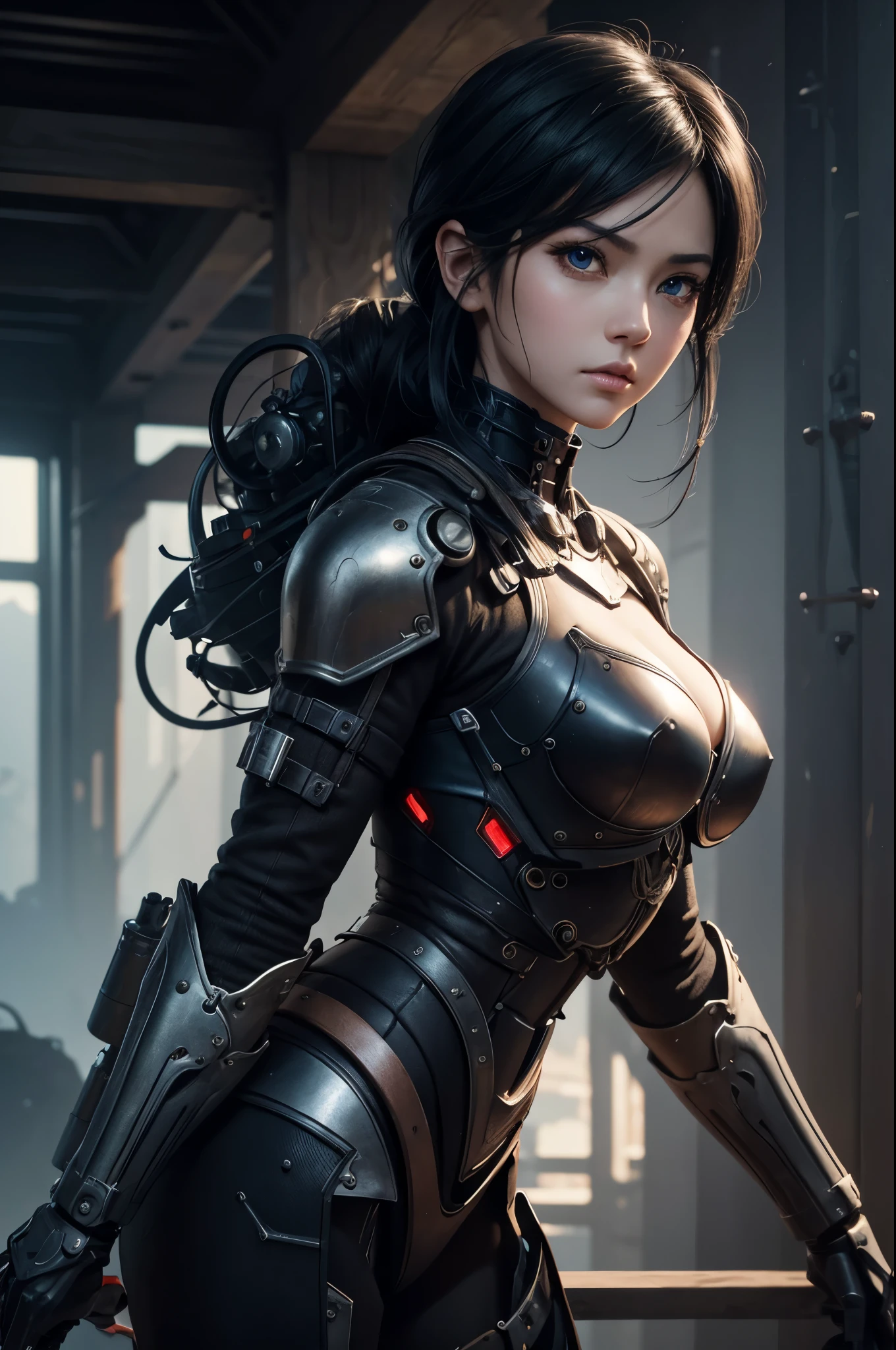 8K、Mechanical Lloyd with short black hair、skeleton mechanical roid girl、girl with exposed skeleton、detailed digital anime art、Glowing LED(effect)U3D rendering character art 8K、photorealistic girl rendering、8K high quality detail art、2。5d cgi anime fantasy artwork、Beautiful girl mechanical roid、Guweiz style artwork,超A high resolution,Super realistic texture,masterpiece,Photorealistic RAW photos of the highest quality。bright colors,rich colors, Backlight, cinematic lighting, film grain, to be born, 50MM lens, Nikon D850,super realistic skin,fantasy art,character art,ultra high resolution,realistic scale skin,Perfect hand shape,view audience,beautiful expression,Close-up,Camera eye effect with red left eye),Mechanical parts are exposed in several places.,Medieval port town,brown and black adventurer equipment,terminator,wilderness,dynamic pose,wrestle,take a stand,give a sharp look,angry expression,