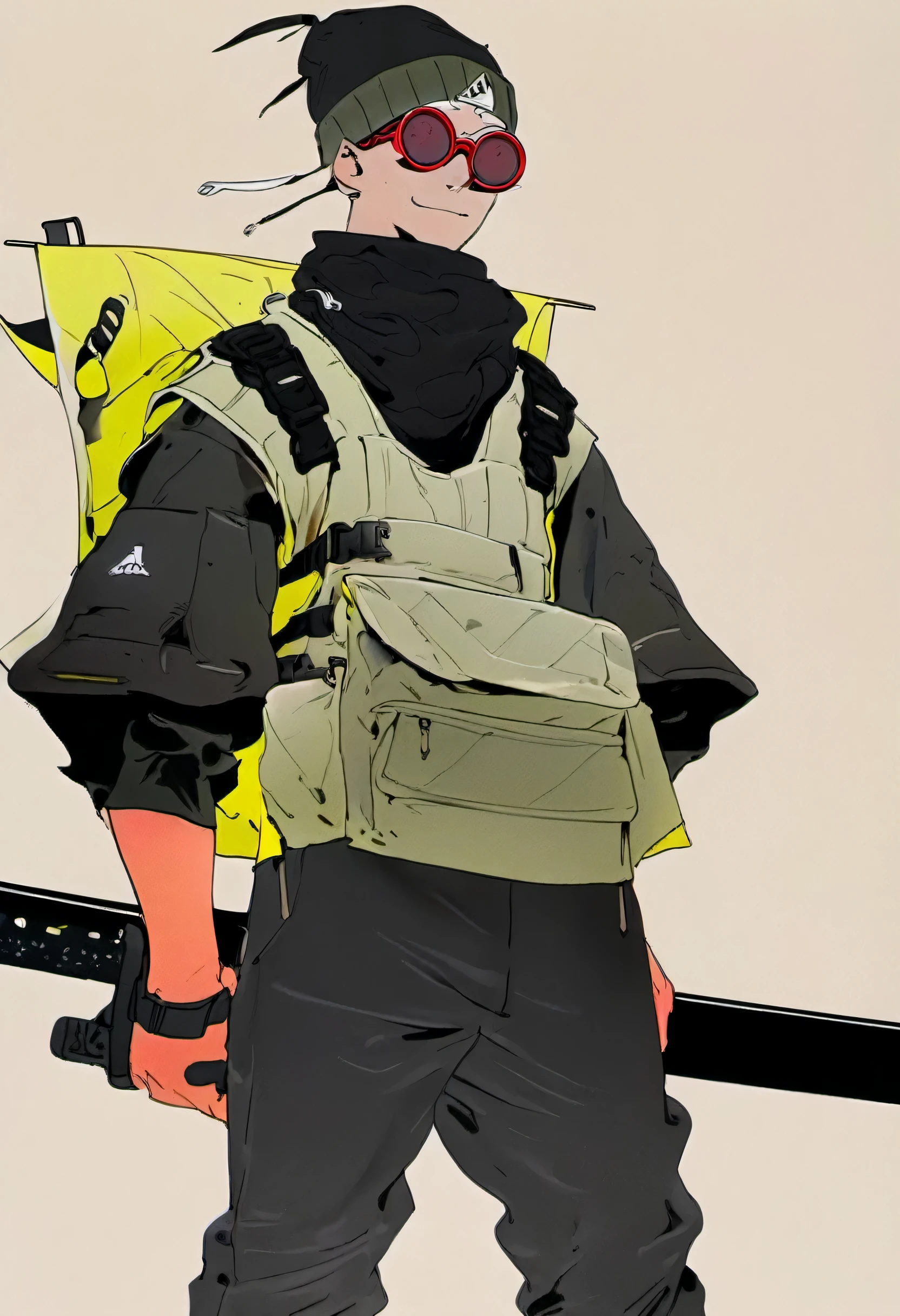 A boy wearing a white bullet proof vest and a black long sleeve underneath. Black jeans and wearing Jordan 1s shoes. He’s wearing a black scarf and has an excited expression. He has a sword on his back and a black triple pouch tactical sling on his front going from his right shoulder to his left side of the waist. He is wearing a beanie with a glow smile on it and wearing a pear of red goggles over top it. 2 arms, 2 legs, 2 eyes. Jujutsu kaisen style art.