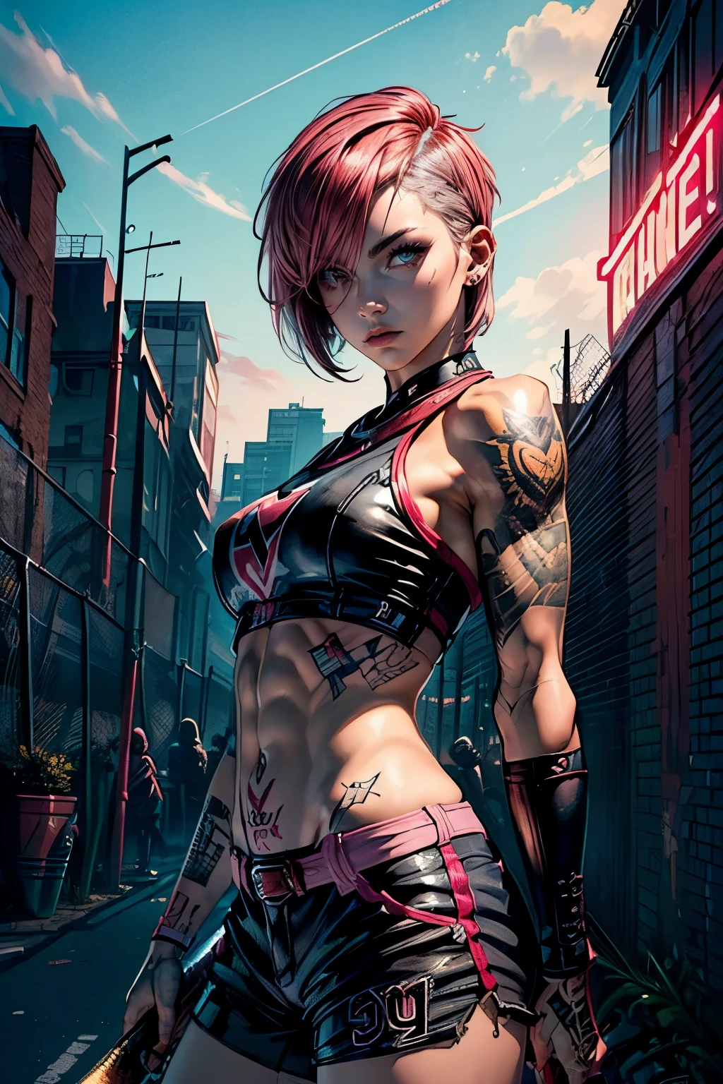(((top quality: 1.4))),(A masterpiece like no other in history), (ultra high resolution),(Ultra-realistic 8k CG), official art、dynamic pose,dynamic angle,((Have a baseball bat:1.5)), (((adult body))), (((1 girl))), ((( bob short hair ))), punk girl with perfect body, jacket with metal spine,Beautiful and well-shaped face,See here,elaborate punk fashion,leather jacket, (Image from head to thighs),((Pink bob short hair )), ((small leather micro sling bikini:1.0)), Simon Bisley's urban and brutal style,Detailed street background of London,beautiful abs, Complex graphics, (( Lots of poisonous tattoos )), earrings,