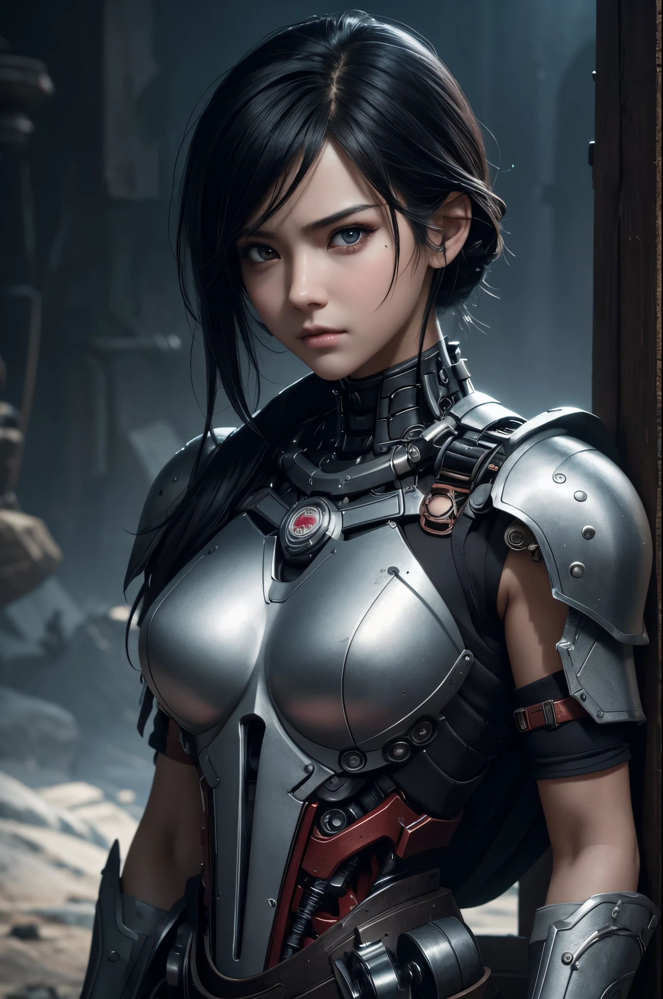 8K、Mechanical Lloyd with short black hair、skeleton mechanical roid girl、girl with exposed skeleton、detailed digital anime art、Glowing LED(effect)U3D rendering character art 8K、photorealistic girl rendering、8K high quality detail art、2。5d cgi anime fantasy artwork、Beautiful girl mechanical roid、Guweiz style artwork,超A high resolution,Super realistic texture,masterpiece,Photorealistic RAW photos of the highest quality。bright colors,rich colors, Backlight, cinematic lighting, film grain, to be born, 50MM lens, Nikon D850,super realistic skin,fantasy art,character art,ultra high resolution,realistic scale skin,Perfect hand shape,view audience,beautiful expression,Close-up,Camera eye effect with red left eye),Mechanical parts are exposed in several places.,Medieval port town,brown and black adventurer equipment,terminator,wilderness,dynamic pose,wrestle,take a stand,give a sharp look,angry expression,
