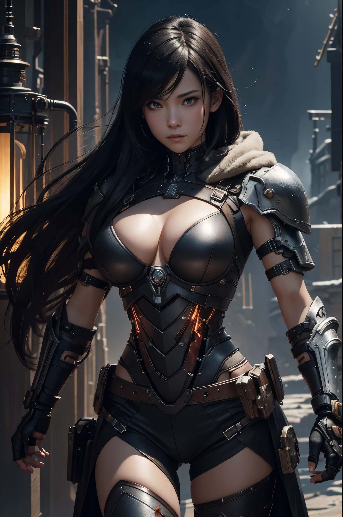 8K、Mechanical Lloyd with short black hair、skeleton mechanical roid girl、girl with exposed skeleton、detailed digital anime art、Glowing LED(effect)U3D rendering character art 8K、photorealistic girl rendering、8K high quality detail art、2。5d cgi anime fantasy artwork、Beautiful girl mechanical roid、Guweiz style artwork,超A high resolution,Super realistic texture,masterpiece,Photorealistic RAW photos of the highest quality。bright colors,rich colors, Backlight, cinematic lighting, film grain, to be born, 50MM lens, Nikon D850,super realistic skin,fantasy art,character art,ultra high resolution,realistic scale skin,Perfect hand shape,view audience,beautiful expression,Close-up,Camera eye effect with red left eye),Mechanical parts are exposed in several places.,Medieval port town,brown and black adventurer equipment,terminator,wilderness,dynamic pose,wrestle,take a stand,give a sharp look,angry expression,
