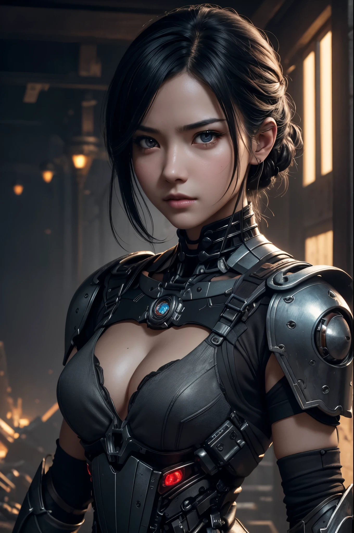 8K、Mechanical Lloyd with short black hair、skeleton mechanical roid girl、girl with exposed skeleton、detailed digital anime art、Glowing LED(effect)U3D rendering character art 8K、photorealistic girl rendering、8K high quality detail art、2。5d cgi anime fantasy artwork、Beautiful girl mechanical roid、Guweiz style artwork,超A high resolution,Super realistic texture,masterpiece,Photorealistic RAW photos of the highest quality。bright colors,rich colors, Backlight, cinematic lighting, film grain, to be born, 50MM lens, Nikon D850,super realistic skin,fantasy art,character art,ultra high resolution,realistic scale skin,Perfect hand shape,view audience,beautiful expression,Close-up,Camera eye effect with red left eye),Mechanical parts are exposed in several places.,medieval mountainous region,brown and black adventurer equipment,terminator,wilderness,dynamic pose,wrestle,take a stand,give a sharp look,angry expression,