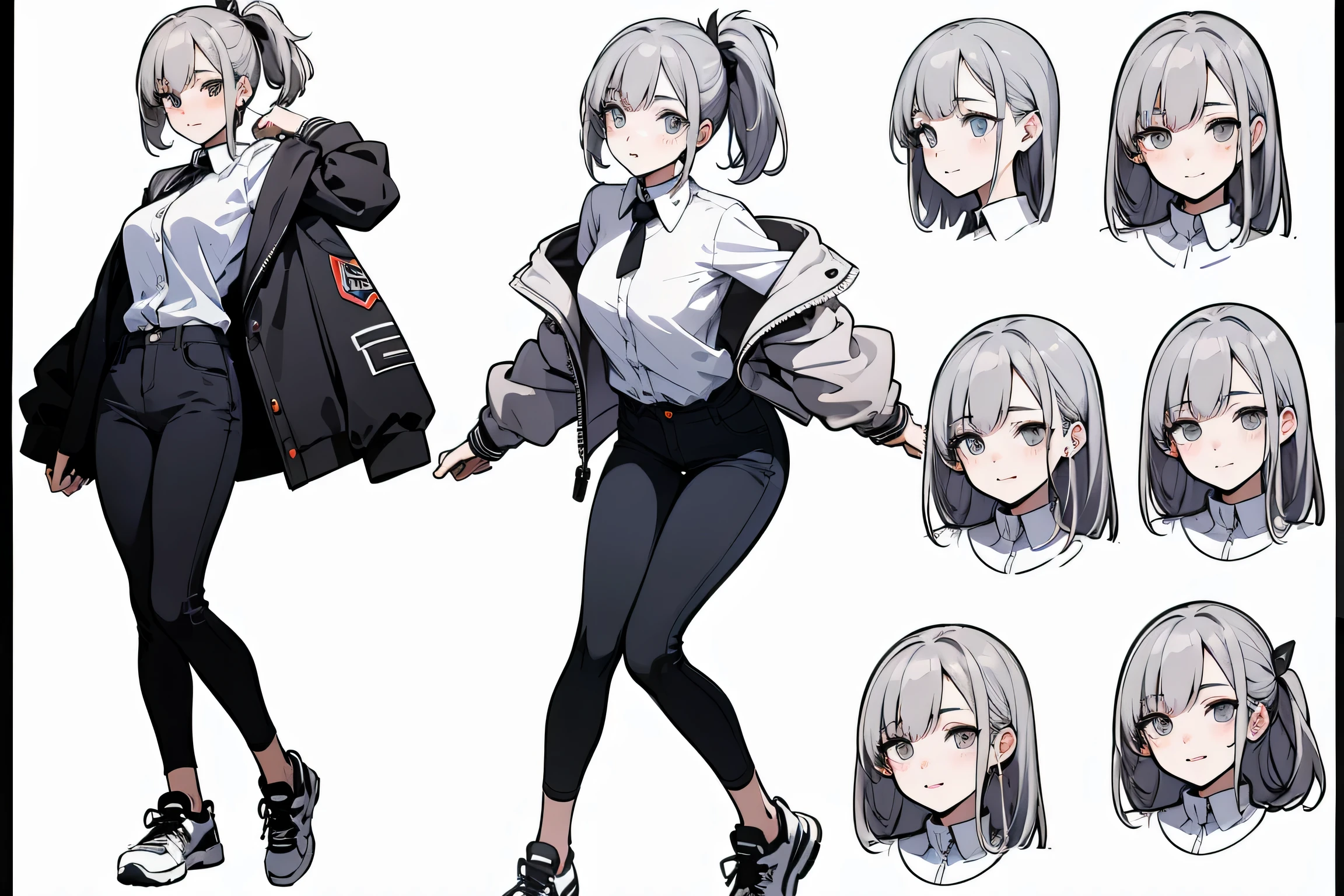 Remix Hints Copy hints highest quality, Detailed face, Character Sheet,(((Young woman:1.5))), ((whole body:1.2)), Full of details, Multiple postures and facial expressions, very detailed, Depth, 1 Young woman, without bangs, (white ponytail hair, Gray sexy eyes, Straight hair, white shirt and black tie, fury Jacket looks, medium breasts, High neckline, strap, Suspense, Skinny black jeans, White running shoes, cute style, sexy smile and pose,Discolored skin,