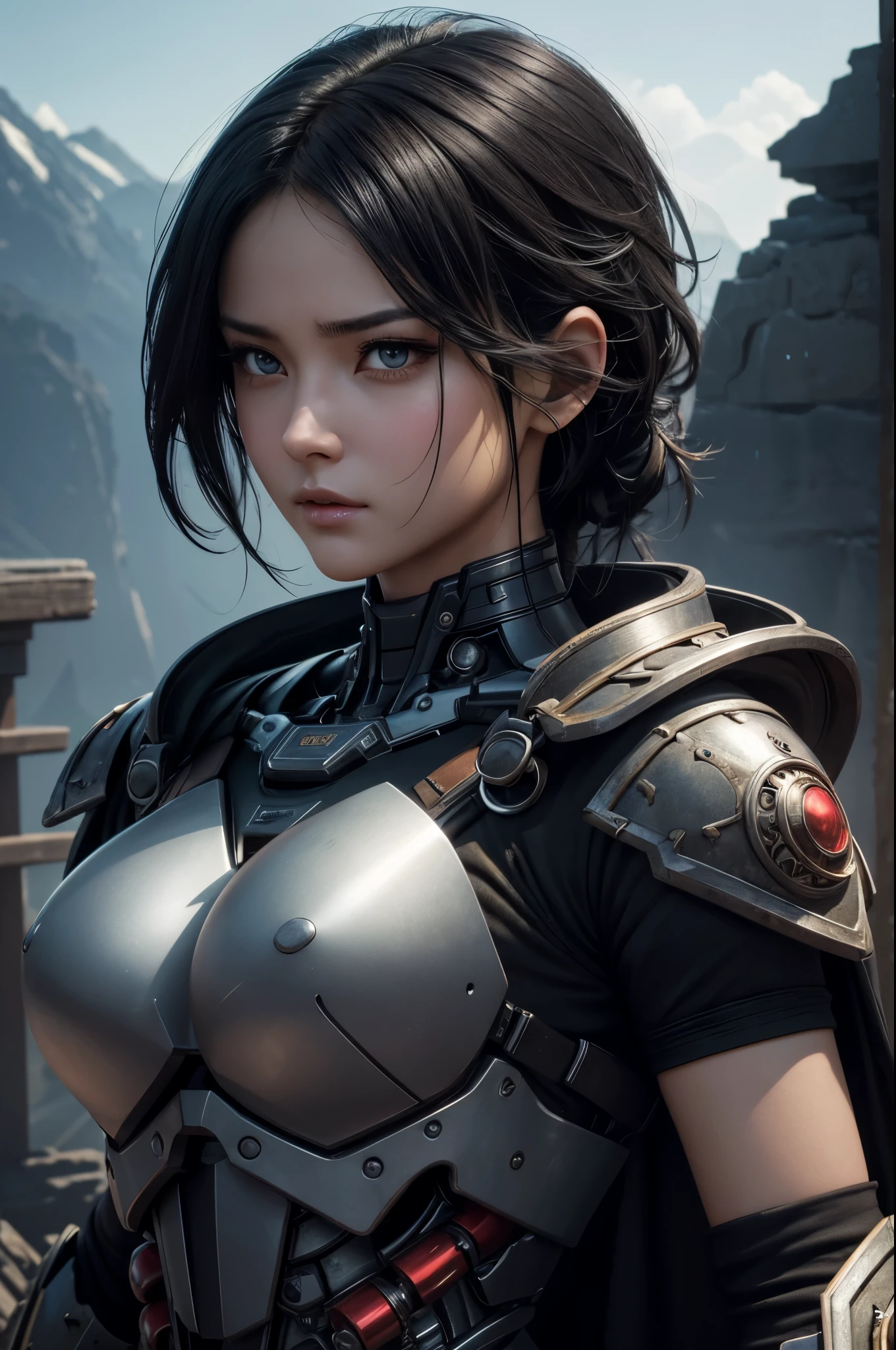 8K、Mechanical Lloyd with short black hair、skeleton mechanical roid girl、girl with exposed skeleton、detailed digital anime art、Glowing LED(effect)U3D rendering character art 8K、photorealistic girl rendering、8K high quality detail art、2。5d cgi anime fantasy artwork、Beautiful girl mechanical roid、Guweiz style artwork,超A high resolution,Super realistic texture,masterpiece,Photorealistic RAW photos of the highest quality。bright colors,rich colors, Backlight, cinematic lighting, film grain, to be born, 50MM lens, Nikon D850,super realistic skin,fantasy art,character art,ultra high resolution,realistic scale skin,Perfect hand shape,view audience,beautiful expression,Close-up,Camera eye effect with red left eye),Mechanical parts are exposed in several places.,Medieval port town,brown and black adventurer equipment,terminator,wilderness,dynamic pose,wrestle,take a stand,give a sharp look,angry expression,
