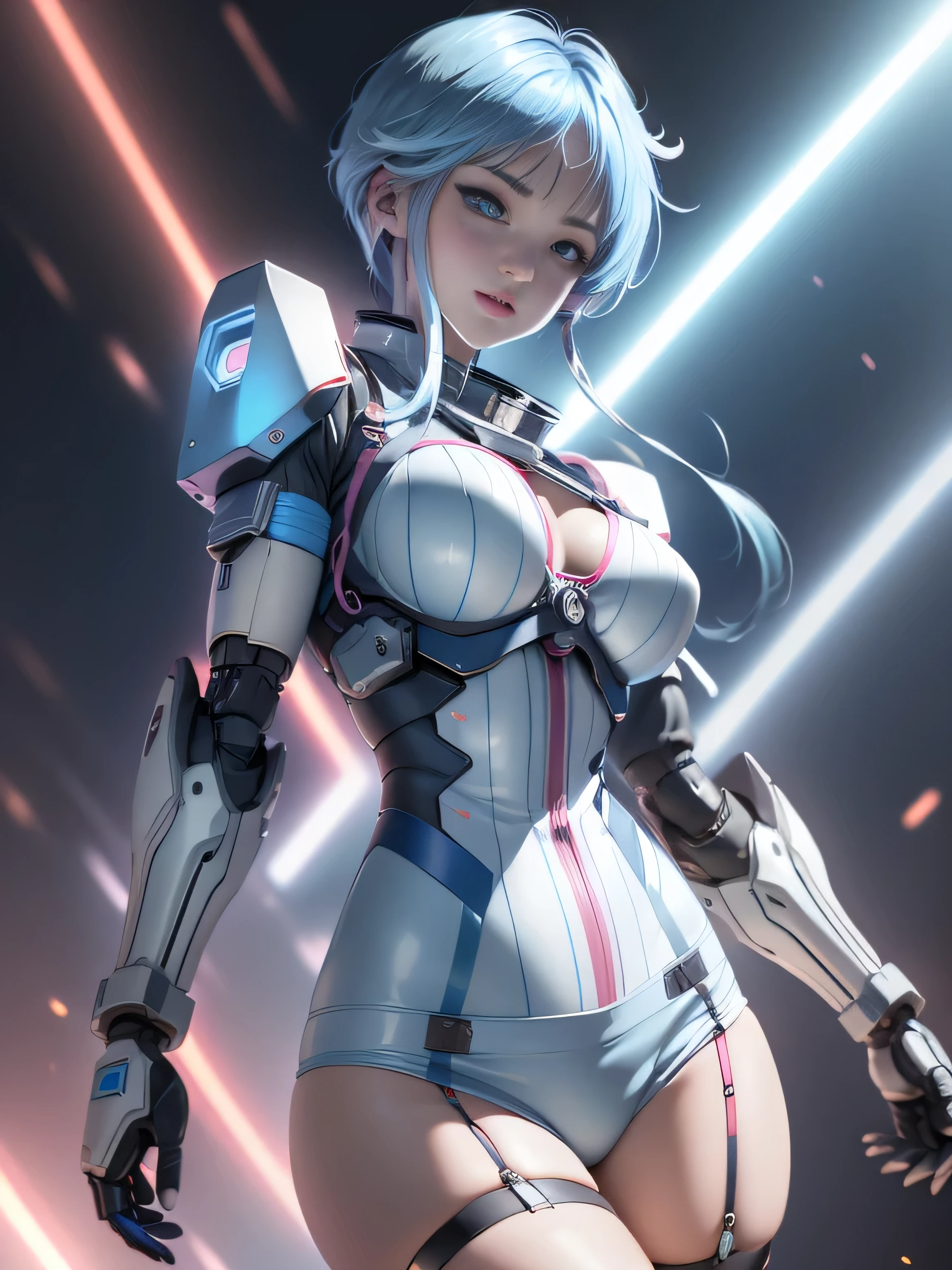 Yukime, Gospel World Yuki Onna, medium blue and white stripes, ((best quality)), ((masterpiece)), (detailed: 1.4), Female robot pilot defines muscular body, neon evangelion style, half thick bare thighs, closed mouth, sexy robot panties, Muscular body parts covered with technological clothing, (((medium breasts)) perfection, generous neckline, ((light blue and white striped clothes)), Argentina, pastel, (((mechanical arm))), Airplane wings on the back, sky blue hair with highlights, short underwear, garter belt, for a lot, Rainbow--V5, close to the real thing, best quality, almost naked, psycho, my face turned red, Happy, sexy pose, psychedelic background, Two-piece clothing, dibujos de sol de la bandera de Argentina, cyber punk, sun and dark blue bra, (((Clothes with robot laces and lights ))), pointed shoulder pads, blue eyes without pupils, HDR (high dynamic range),ray tracing,NVIDIA RTX,super resolution,unreal 5,Dispersed underground, PBR texture, Post-processing, anisotropic filtering, Depth of the bounds written, Maximum clarity and sharpness, multilayer texture, Albedo and specular maps, surface shading, Accurate simulation of light-matter interactions, proporciones perfectionas, octane rendering, 2 color illumination, wide opening, Low ISO, White balance, Rule of thirds, 8K RAW, crisis nano suit
