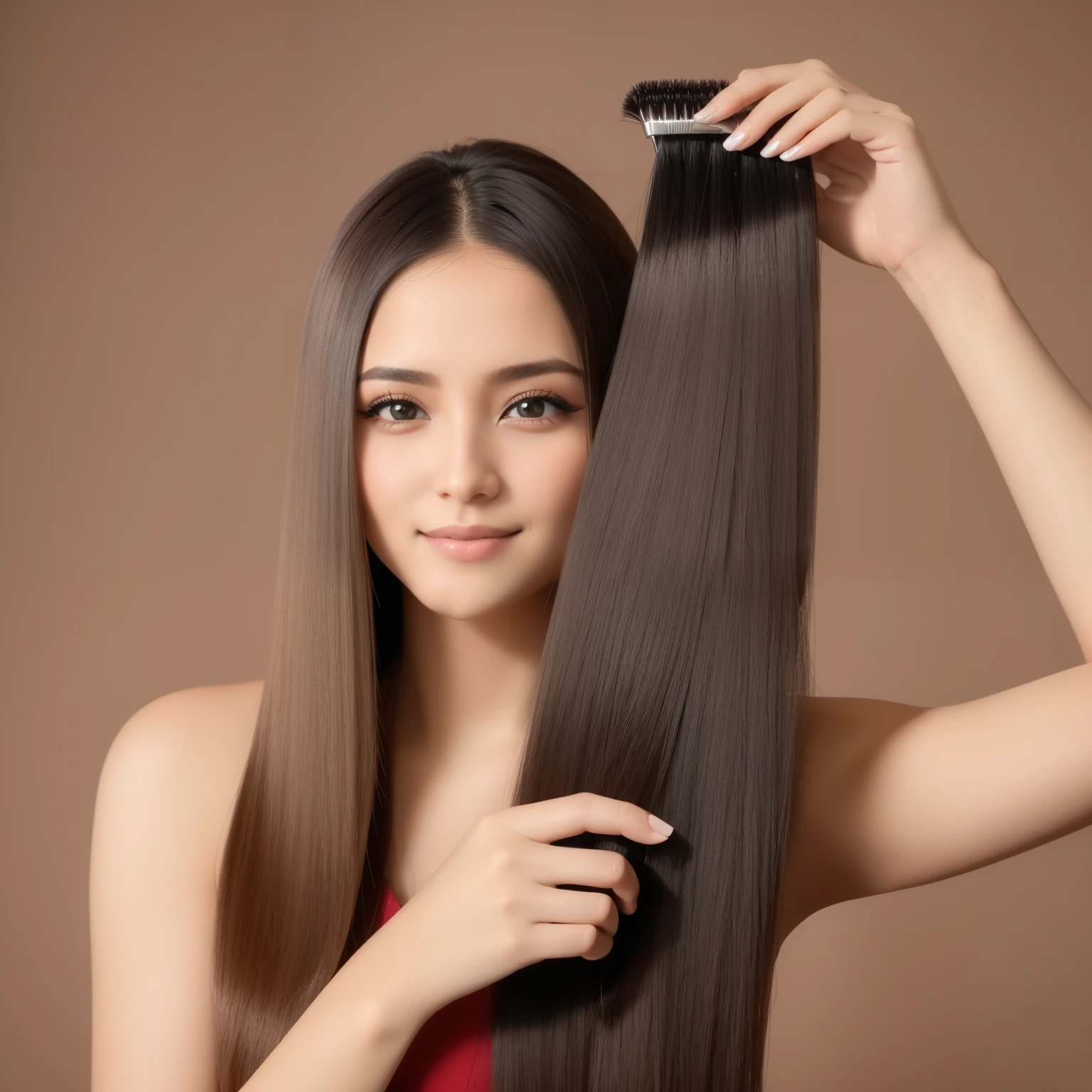 arafa woman holding a brush and a hairbrush in her hand, perfect silky Cabelo liso, brown long and Cabelo liso, cabelo liso longo bonito, silky Cabelo liso, cabelo liso, Her hair is long and straight, cabelo fino e brilhante, cabelos longos e lisos, Cabelo lisostyle, cabelo sedoso, cabelo longo e brilhante, Cabelo liso, Cabelo castanho comprido