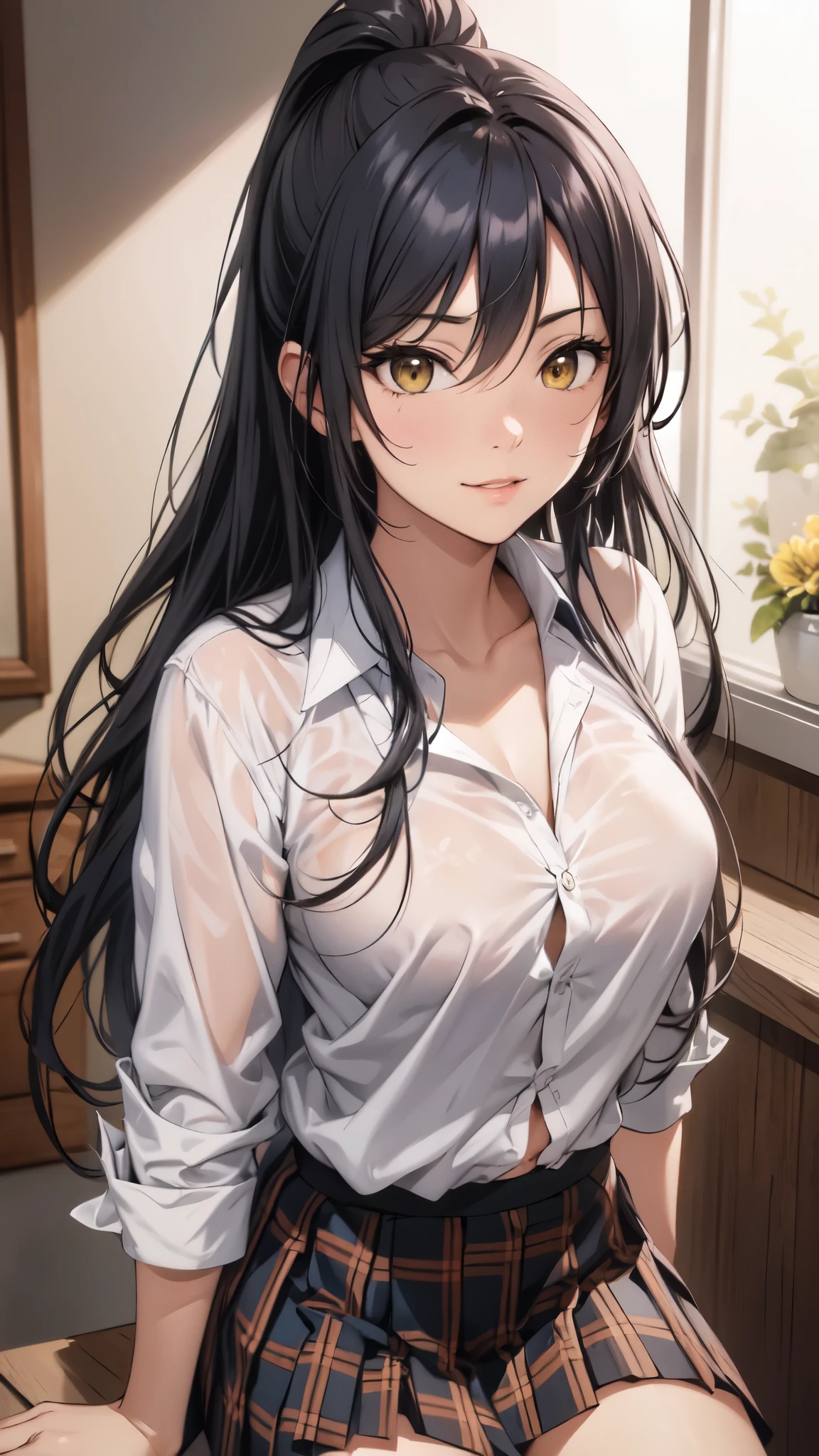 sakuyashirase, sakuya shirase, black hair, hair between eyes, long hair, ponytail, (yellow eyes:1.5),
break collarbone, (green tie), green skirt, tie, open collar, plaid, (plaid skirt, pleated skirt), shirt, skirt, (white shirt),(reveal the hem of the shirt:1.4),(black bra:1.2),(open jycket),
break looking at viewer, full body,(smile),
break indoors, classroom,
break (masterpiece:1.2), highest quality, High resolution, unity 8k wallpaper, (figure:0.8),vivid color, (detailed and beautiful eyes:1.4), highly detailed face, perfect lighting, Very detailed CG, (perfect hands, perfect anatomy),(Aesthetic Anime Eyes)