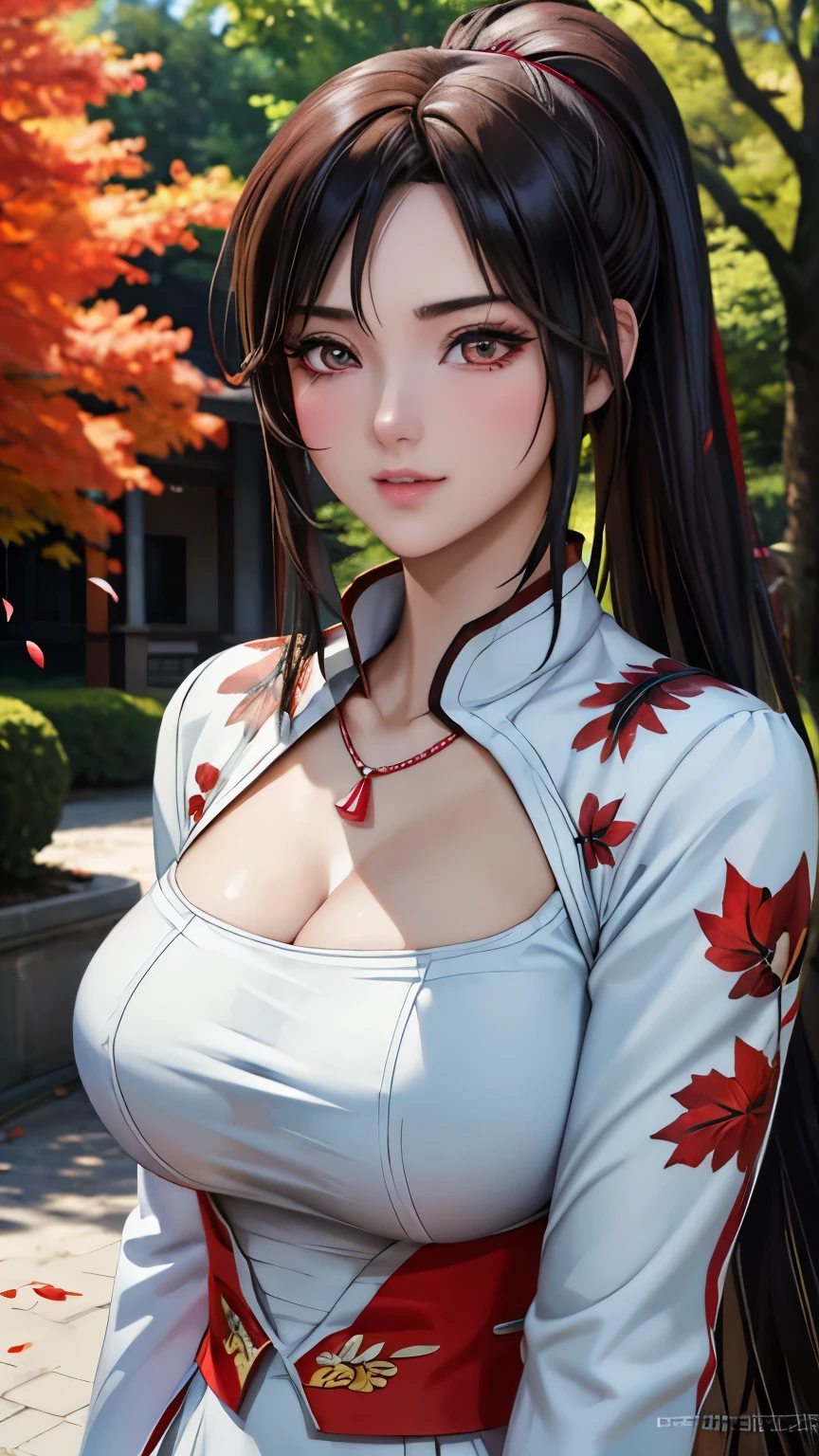 red eyes, (highest quality, masterpiece painting:1.3), immature woman, ************, (half body shot), masterpiece, ultra high resolution, (Photoreal:1.0), ponytail, straight hair, beautiful shining hair, white and shining skin, ((Ultra realistic details)), octane rendering, highly detailed face, (big breasts:0.8),(sexy and cute cheongsam,red and white contrast outfit,delicate decoration:1.2), open neckline, (necklace:1.0),cleavage, perfect body, soft skin, anime face, perfect face, perfect eyes, looking at the viewer, smart, Under autumn leaves tree background, Autumn leaf petals are falling, outdoors,shrine, sharp focus, intricate details, professional artwork, (bright colors:1.1), bright colors, diffused lighting, digital blending, ultra-definition body, ultra detail hair, super detailed face, that&#39;It&#39;s trending on pixiv, top button open, Cute gaze, compensate, perfect lips, perfect compensate, Ultra-precision coating, (light_smile:0.8), (Very embarrassed:1.2), blush your nose,