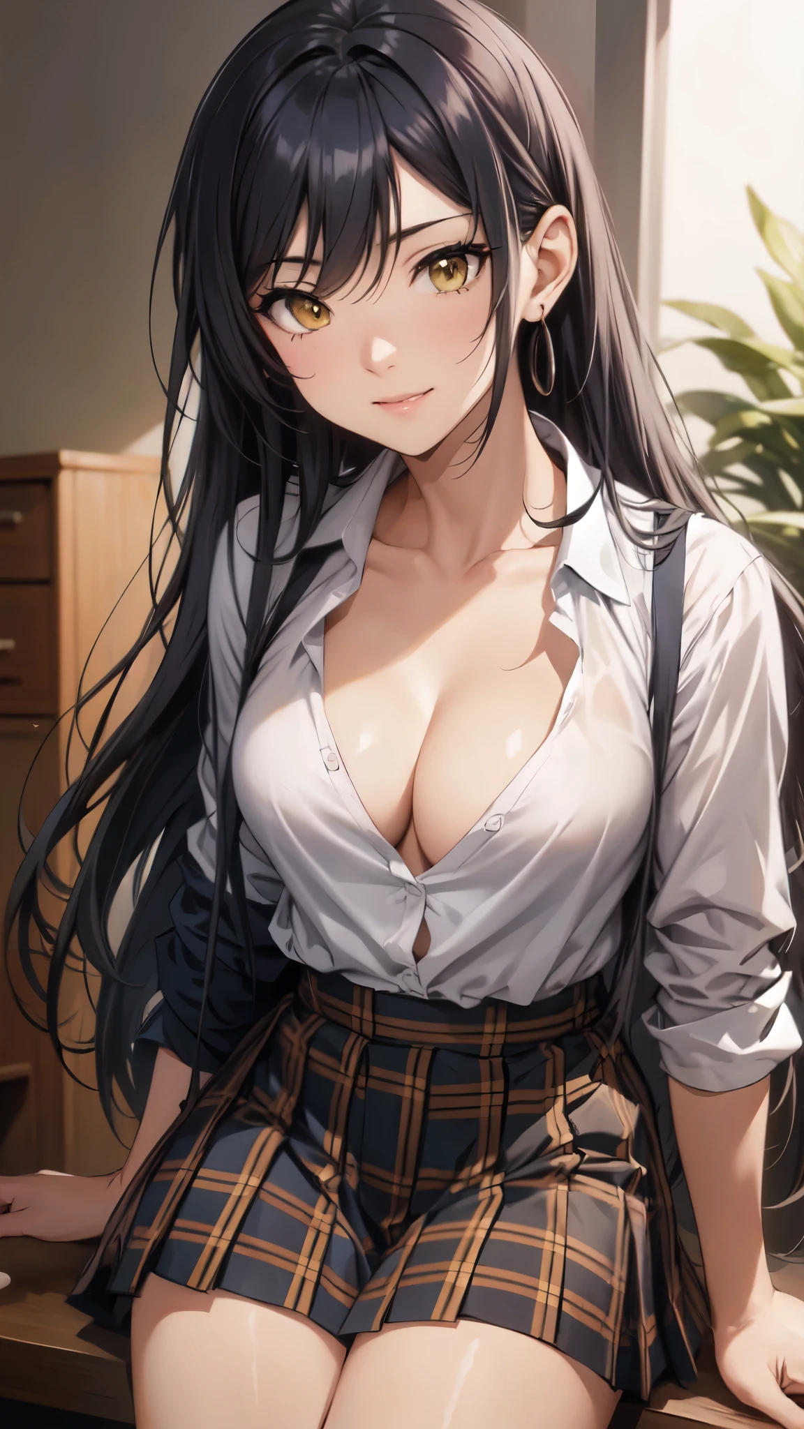 sakuyashirase, sakuya shirase, black hair, hair between eyes, long hair, ponytail, (yellow eyes:1.5),
break collarbone, (green tie), green skirt, tie, open collar, plaid, (plaid skirt, pleated skirt), shirt, skirt, (white shirt),(reveal the hem of the shirt:1.4),(black bra:1.3),(open jycket),open clothes,
break looking at viewer, full body,(smile),
break indoors, classroom,
break (masterpiece:1.2), highest quality, High resolution, unity 8k wallpaper, (figure:0.8),vivid color, (detailed and beautiful eyes:1.4), highly detailed face, perfect lighting, Very detailed CG, (perfect hands, perfect anatomy),(Aesthetic Anime Eyes)