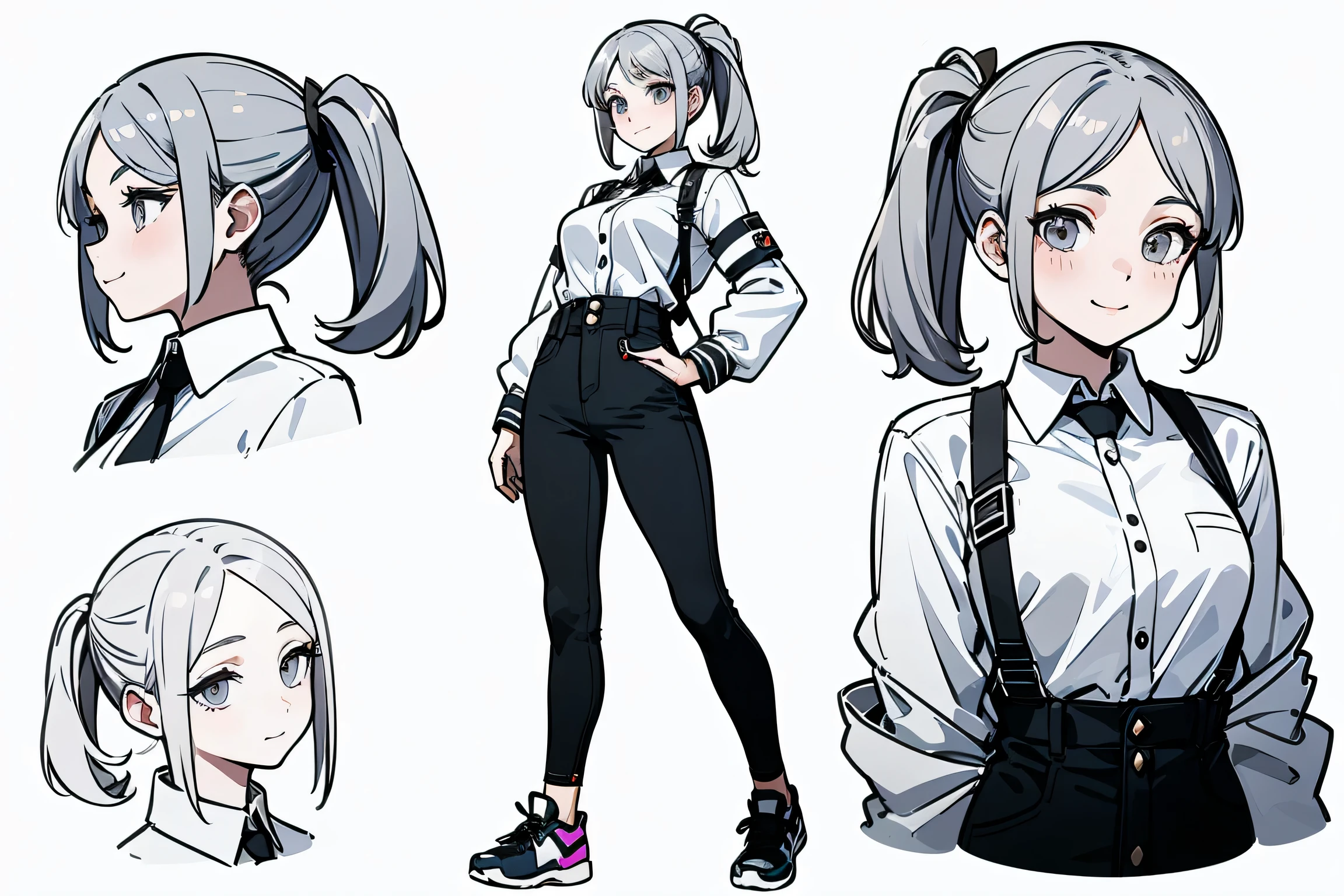 Remix Hints Copy hints highest quality, Detailed face, Character Sheet,(((Young woman:1.5))), ((whole body:1.2)), Full of details, Multiple postures and facial expressions, very detailed, Depth, ****ung woman, without bangs, (white ponytail hair, Gray sexy eyes, Straight hair, white shirt and black tie, fury Jacket looks, medium breasts, High neckline, strap, Suspense, Skinny black jeans, White running shoes, cute style, sexy smile and pose,Discolored skin, ((front view))